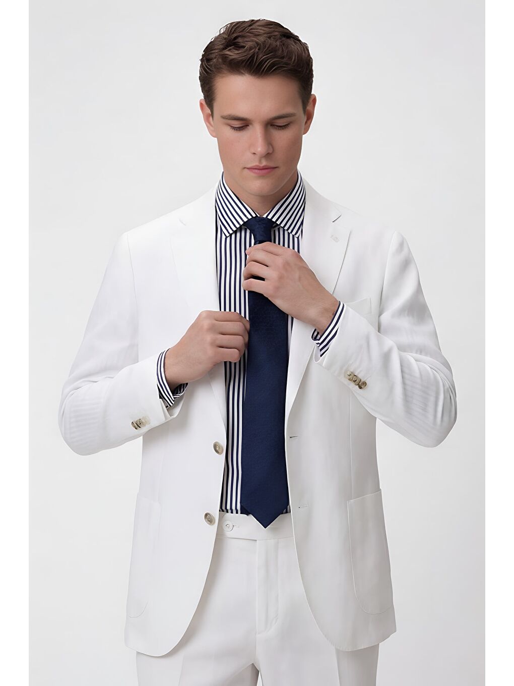 Erkek Beyaz Dar Kesim Slim Fit %100 Keten Mono Yaka Astarsız Çift Yırtmaçlı 6 Drop Takım Elbise-2