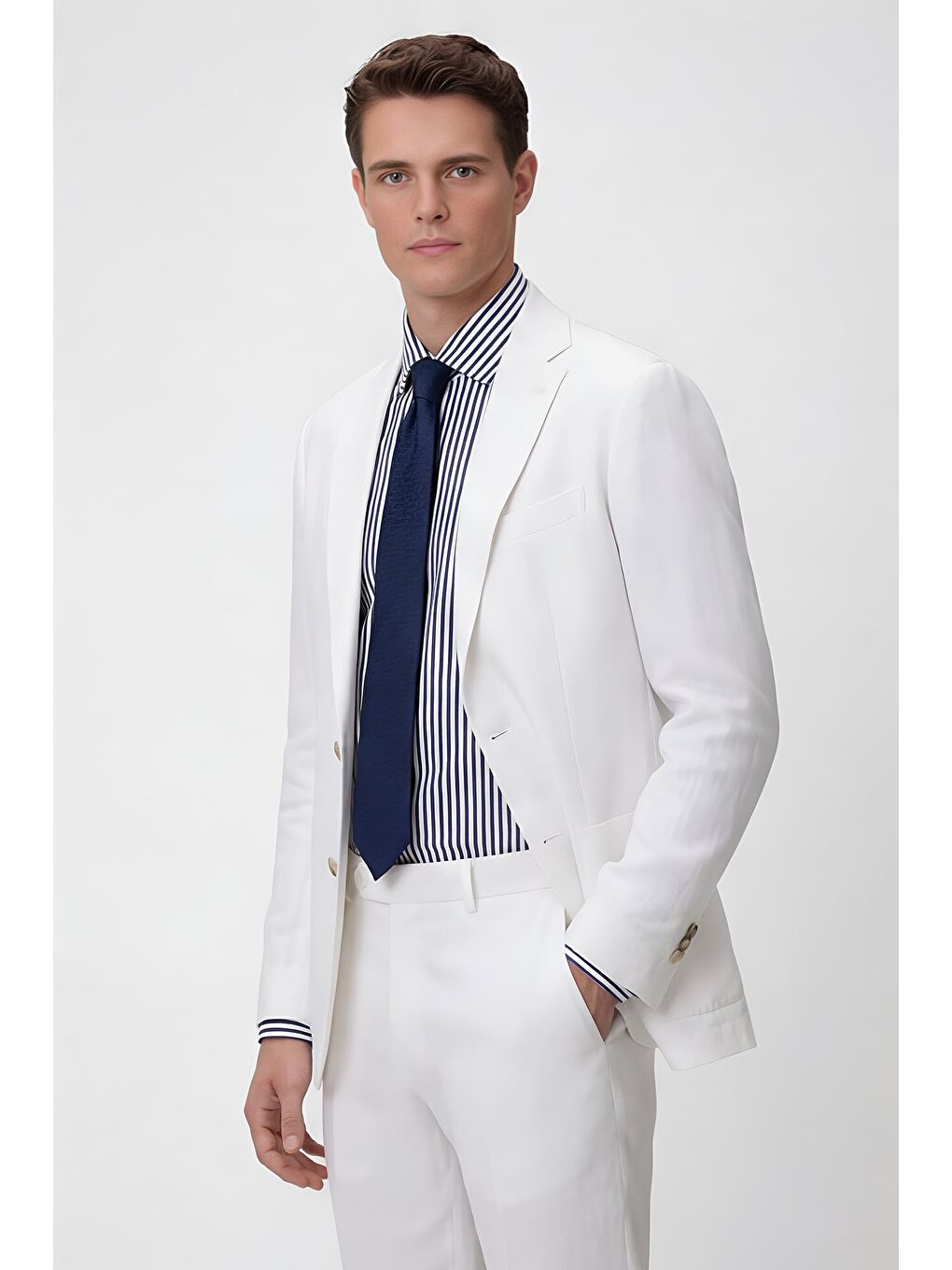 Erkek Beyaz Dar Kesim Slim Fit %100 Keten Mono Yaka Astarsız Çift Yırtmaçlı 6 Drop Takım Elbise-3