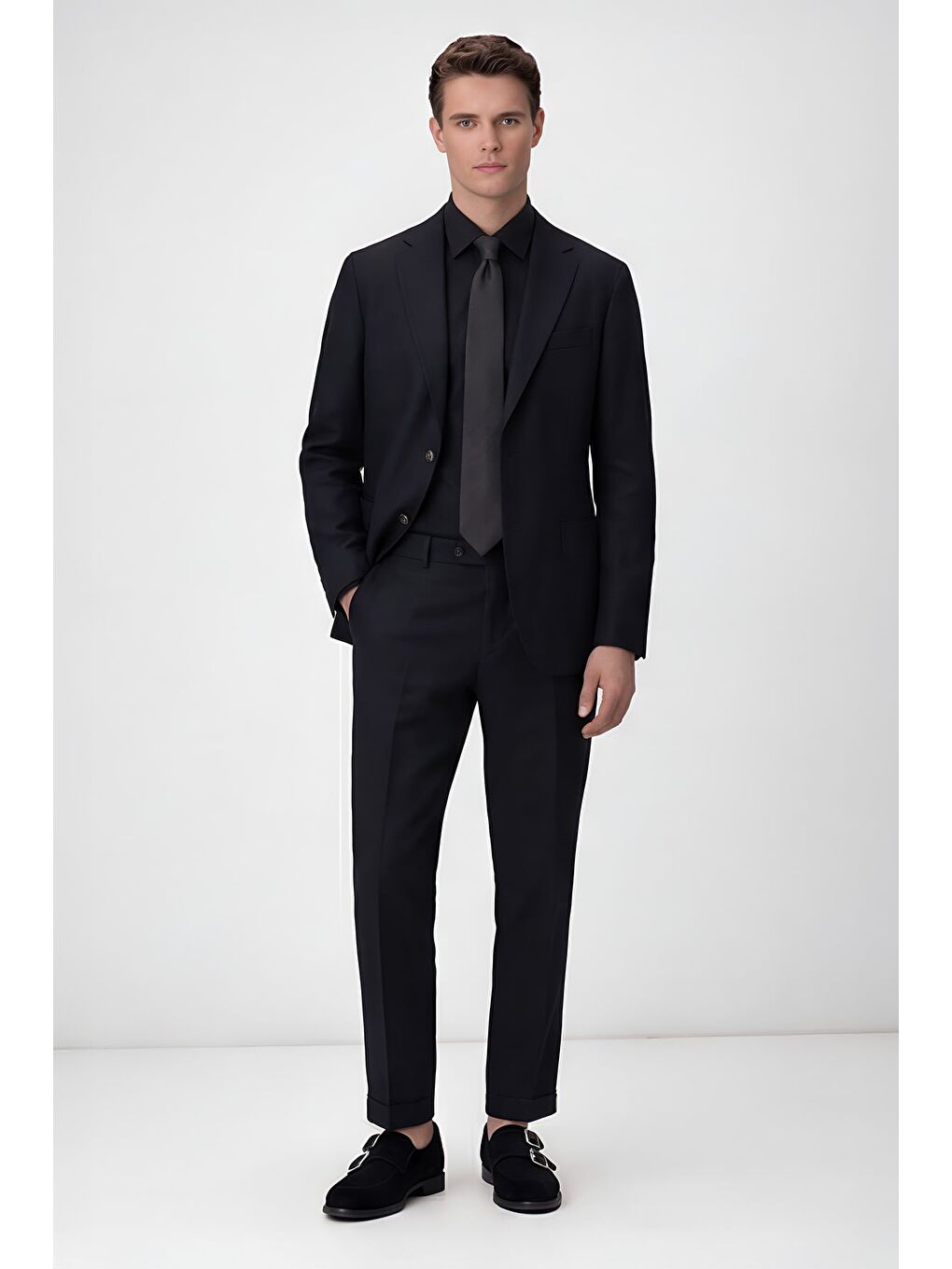 Erkek Siyah Dar Kesim Slim Fit %100 Keten Mono Yaka Astarsız Çift Yırtmaçlı 6 Drop Takım Elbise-1