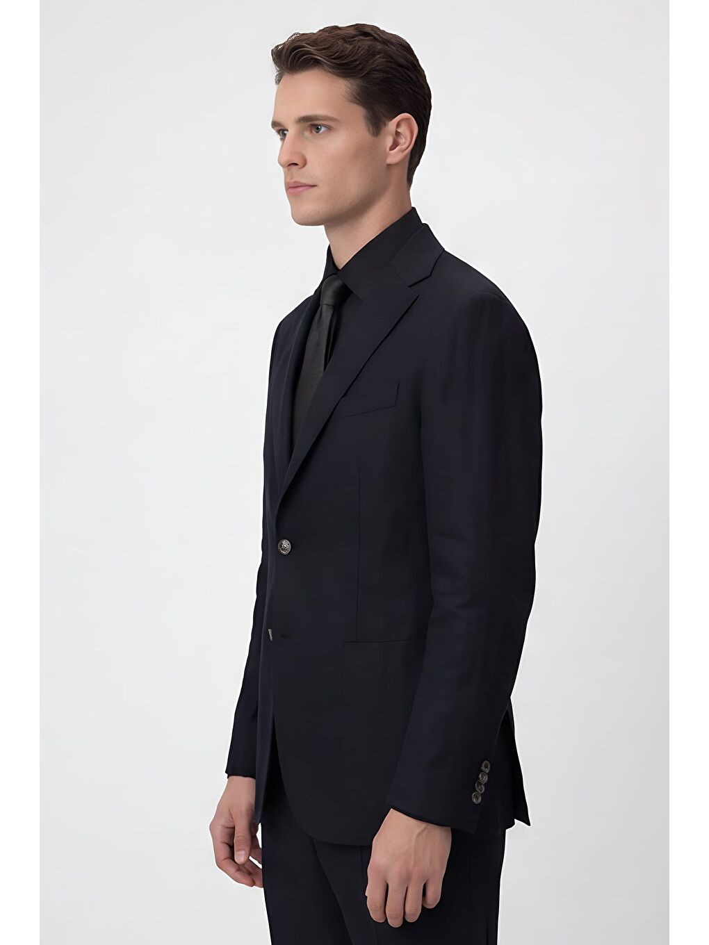 Erkek Siyah Dar Kesim Slim Fit %100 Keten Mono Yaka Astarsız Çift Yırtmaçlı 6 Drop Takım Elbise-2
