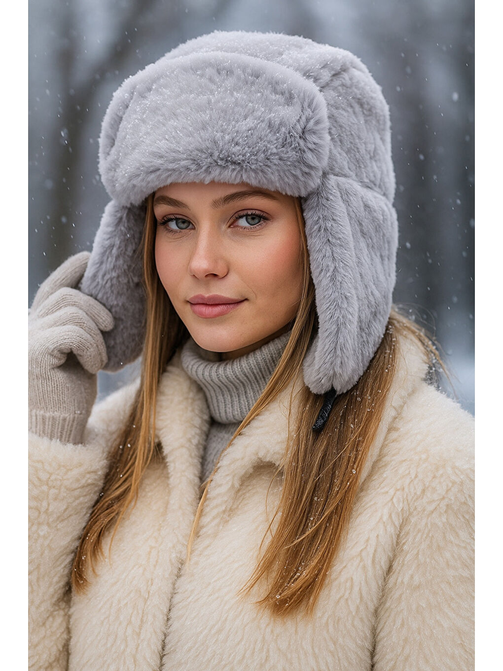 Kadın Gri Çıtçıtlı Kürklü Kulaklıklı Pelüş Bere Şapka Bere1127-1