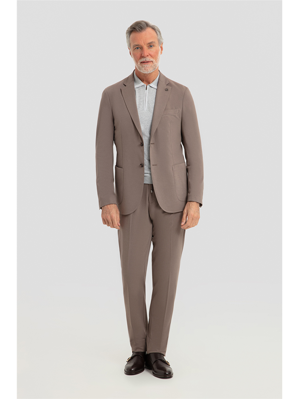 Bej Erkek Vizon Dar Kesim Slim Fit Modal Kumaş Mono Yaka Lastikli Bel Astarsız 6 Drop Takım Elbise-1