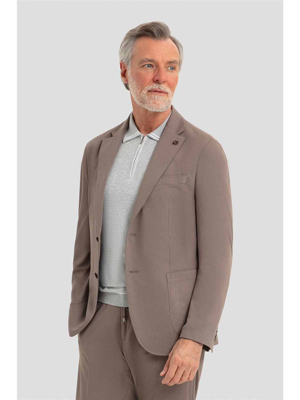 Bej Erkek Vizon Dar Kesim Slim Fit Modal Kumaş Mono Yaka Lastikli Bel Astarsız 6 Drop Takım Elbise-2