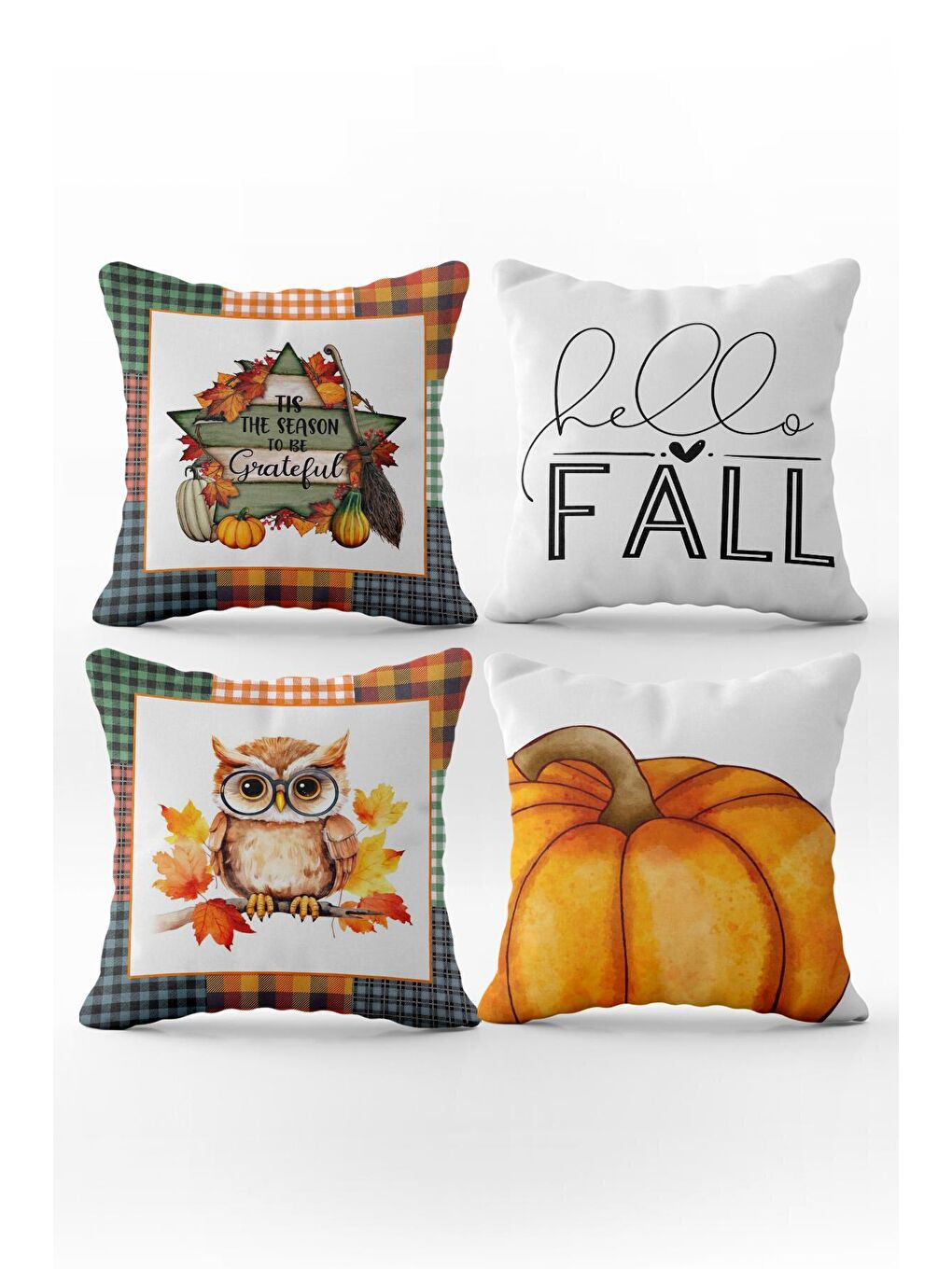 Karışık Çift Taraf Baskılı Kadife Doku Sonbahar Ve Kabak Desenli 4'lü Kırlent Seti-1