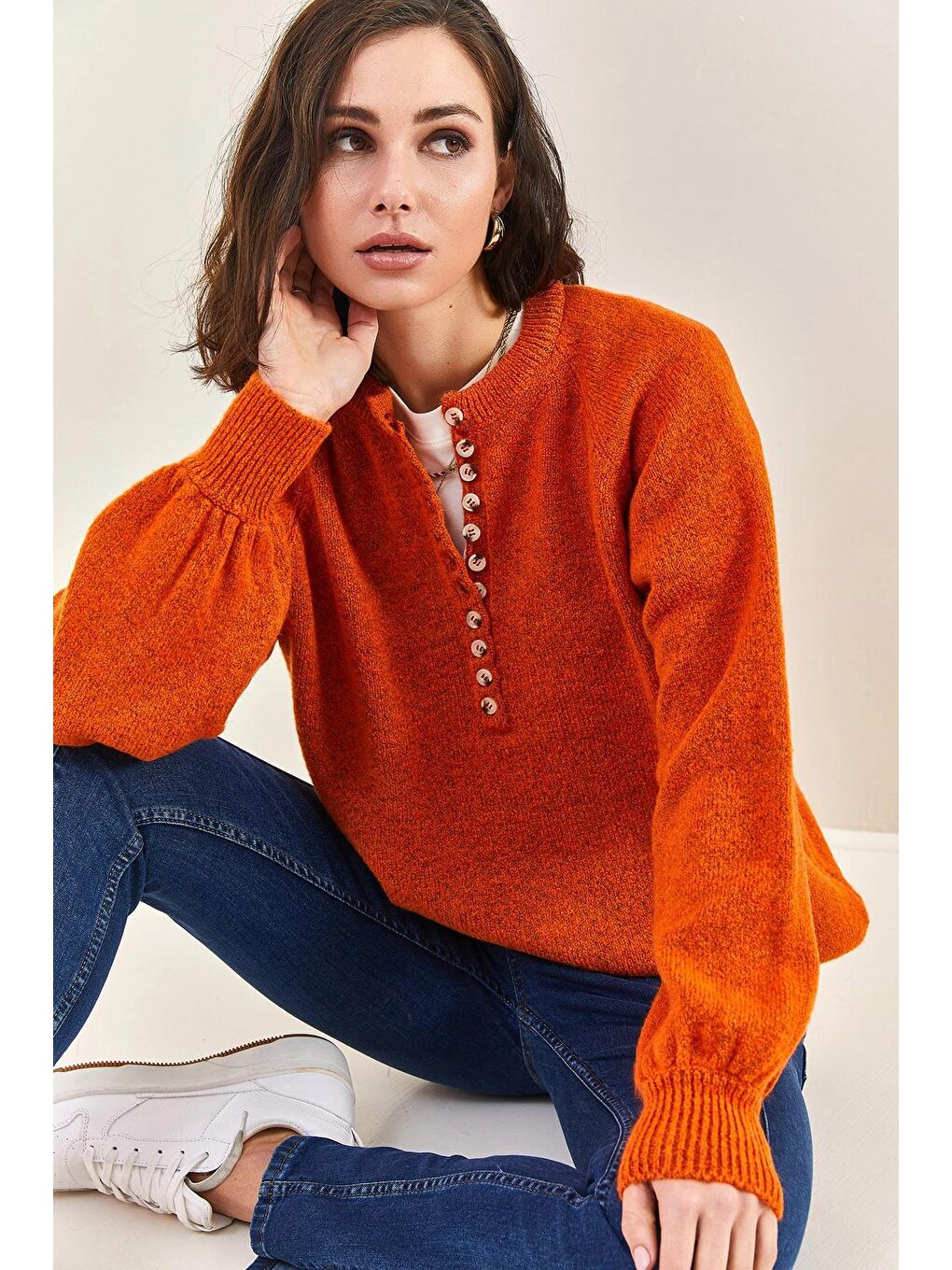 Kahverengi Kadın Yakası İlikli Balıkçı Yaka Çizgili Triko Kazak-1