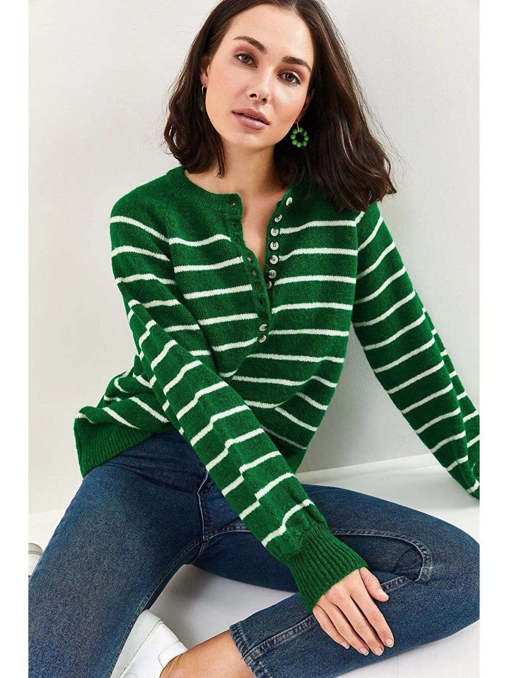 Yeşil Kadın Yakası İlikli Balıkçı Yaka Çizgili Triko Kazak-1