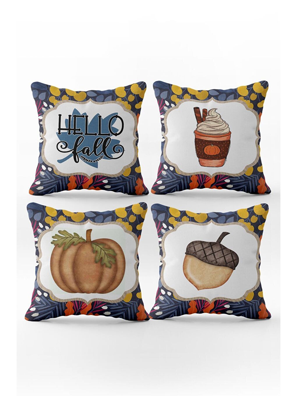 Karışık Çift Taraf Baskılı Kadife Doku Sonbahar Ve Kabak Desenli 4'lü Kırlent Seti-1