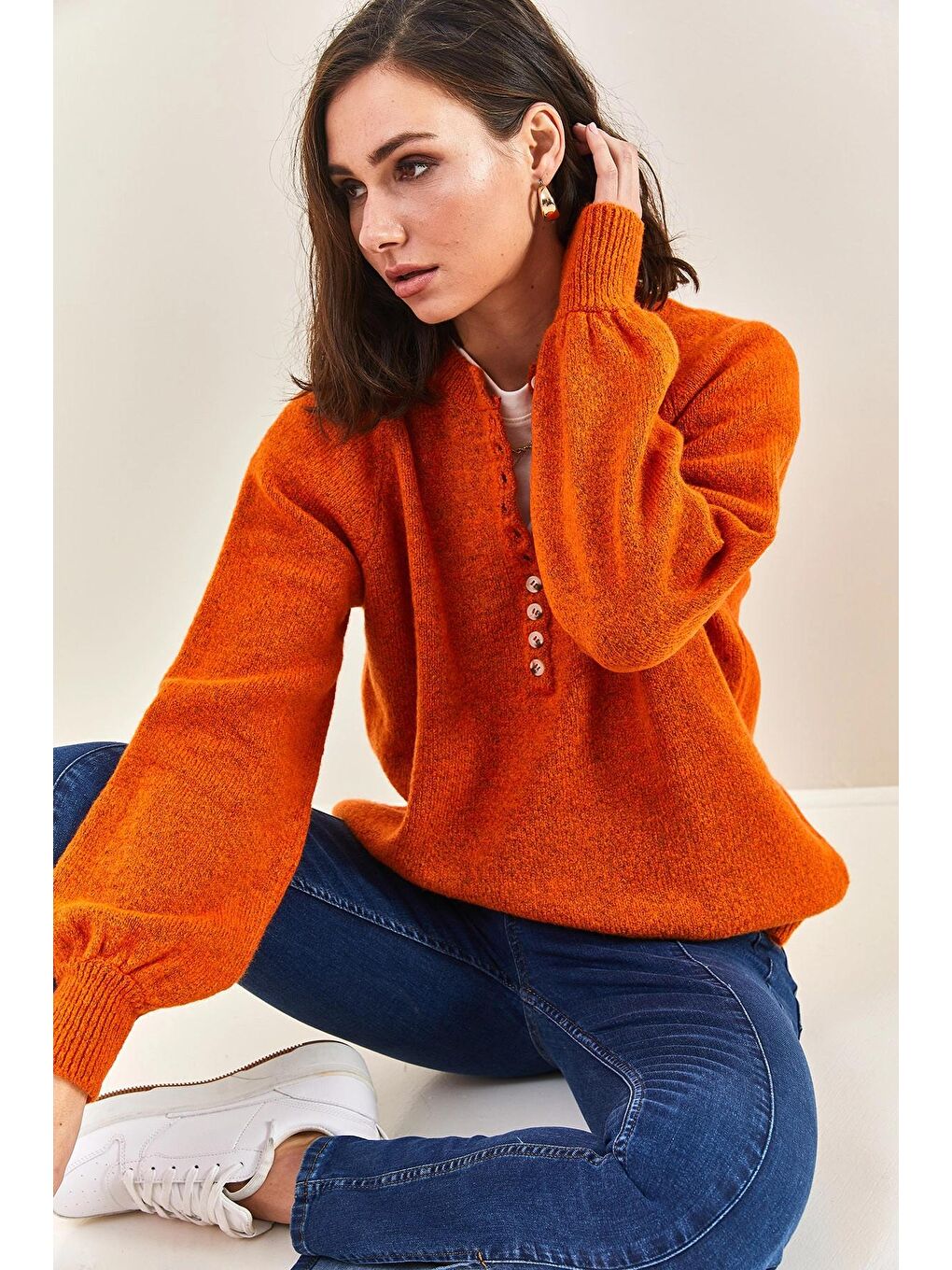 Kahverengi Kadın Yakası İlikli Balıkçı Yaka Çizgili Triko Kazak-2