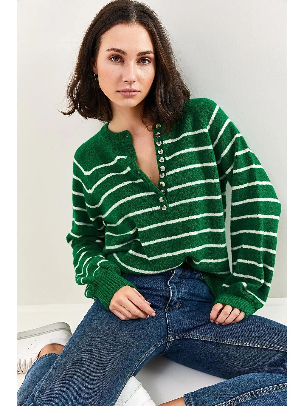 Yeşil Kadın Yakası İlikli Balıkçı Yaka Çizgili Triko Kazak-2