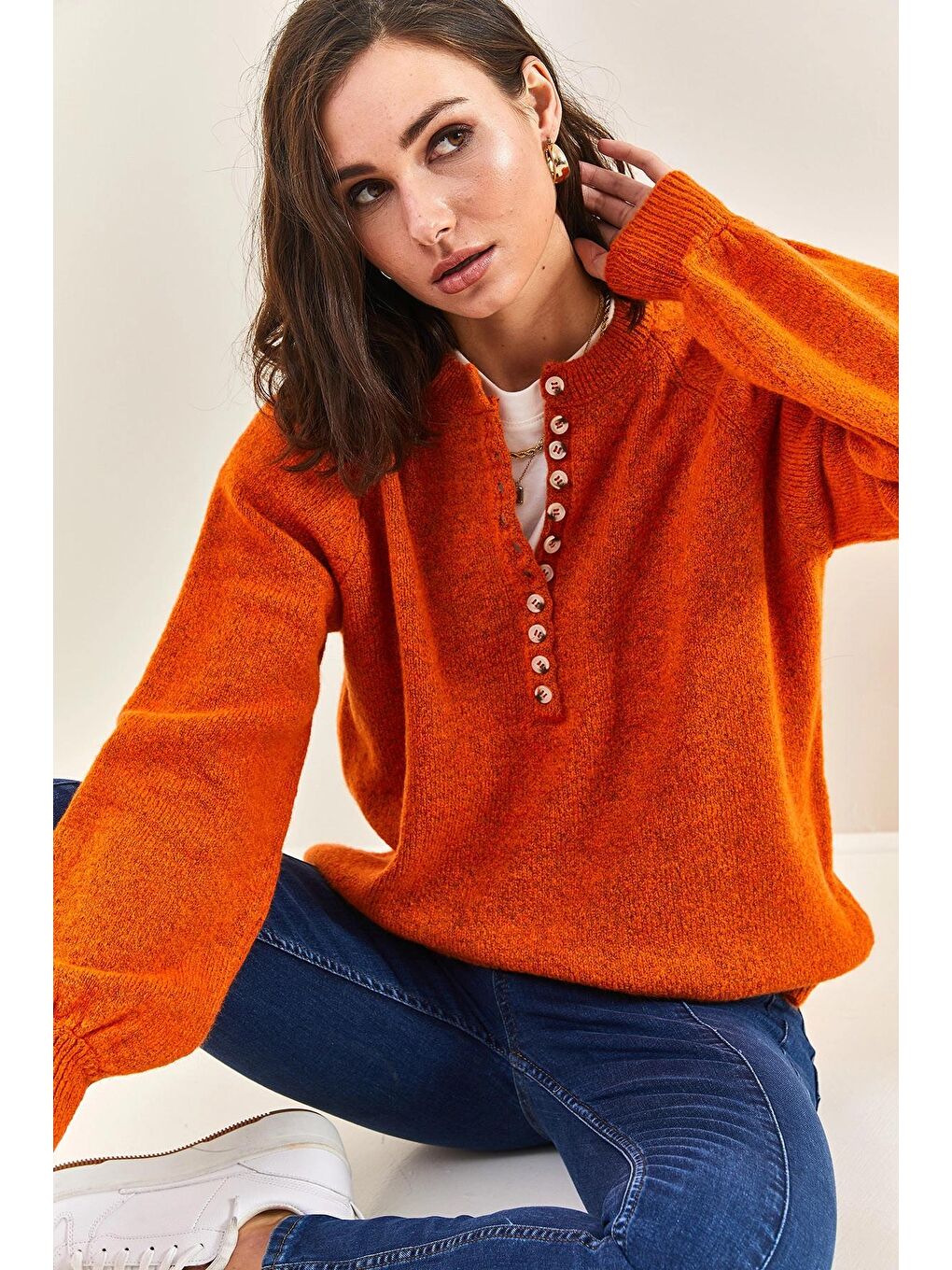 Kahverengi Kadın Yakası İlikli Balıkçı Yaka Çizgili Triko Kazak-3