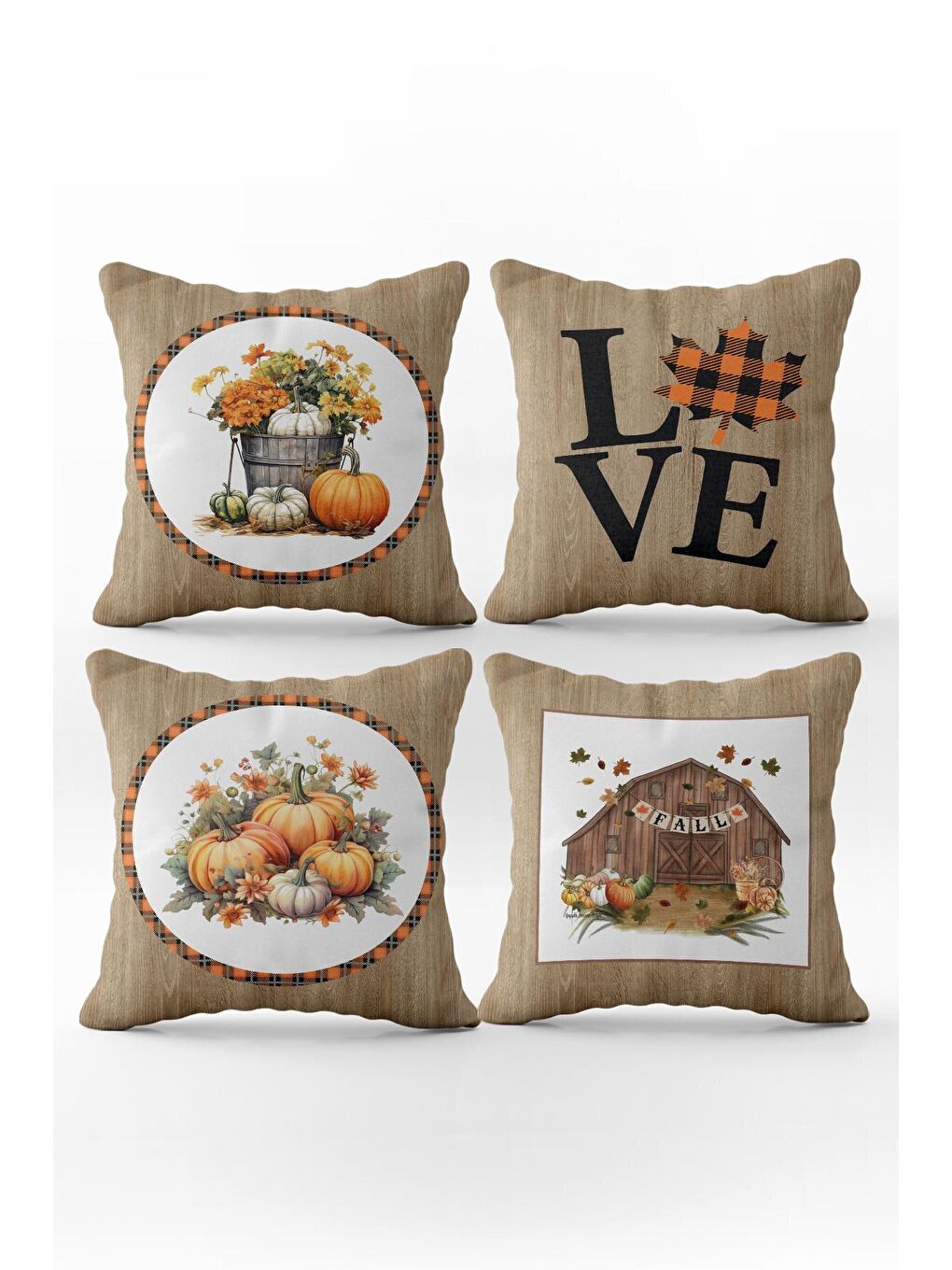 Karışık Çift Taraf Baskılı Kadife Doku Sonbahar Ve Kabak Desenli 4'lü Kırlent Seti-1