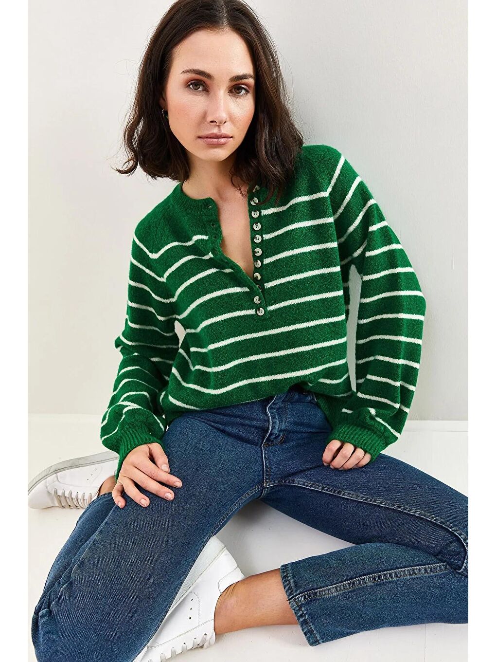 Yeşil Kadın Yakası İlikli Balıkçı Yaka Çizgili Triko Kazak-3