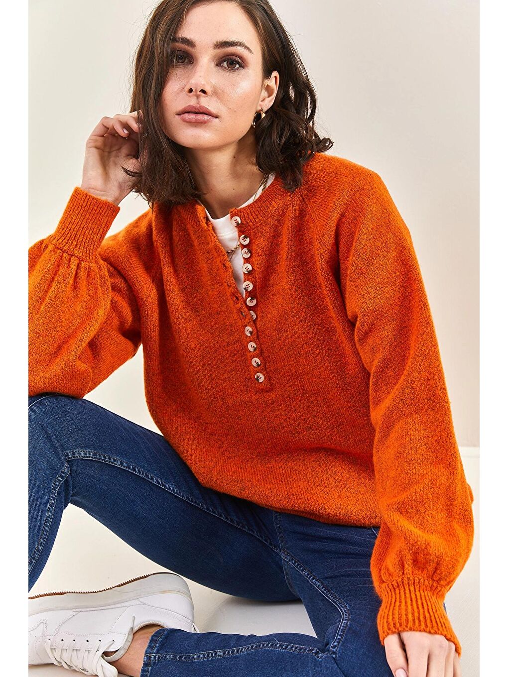 Kahverengi Kadın Yakası İlikli Balıkçı Yaka Çizgili Triko Kazak-4