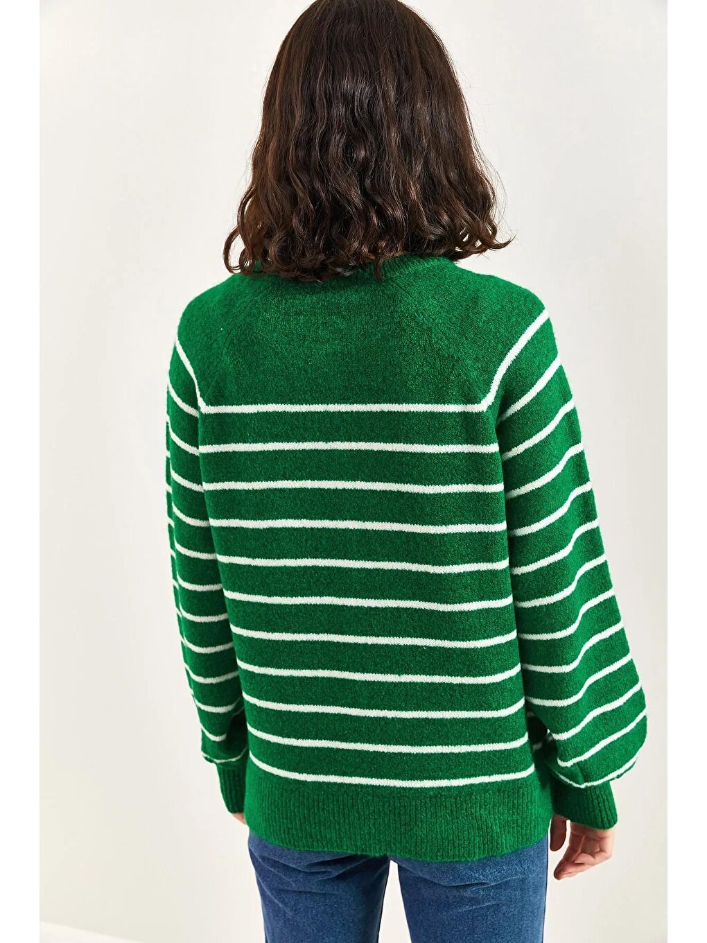 Yeşil Kadın Yakası İlikli Balıkçı Yaka Çizgili Triko Kazak-4
