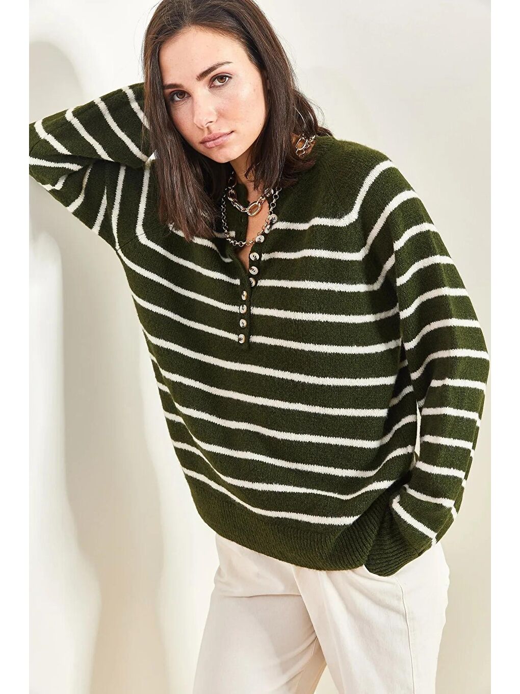 Haki Kadın Yakası İlikli Balıkçı Yaka Çizgili Triko Kazak