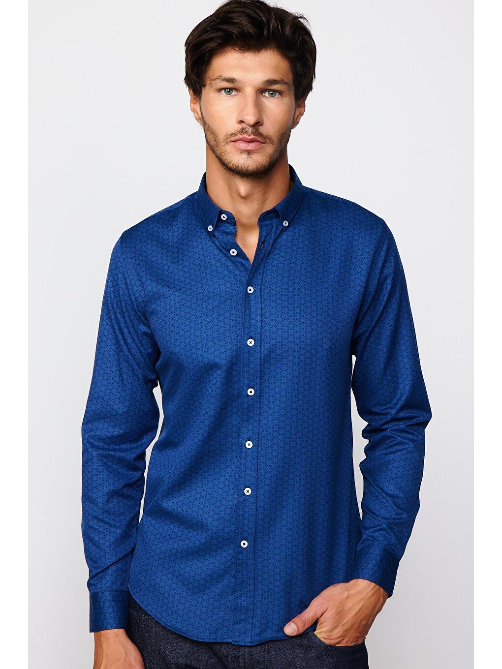 Slim Fit Pamuklu Kolay Ütü Desenli İndigo Erkek Gömlek