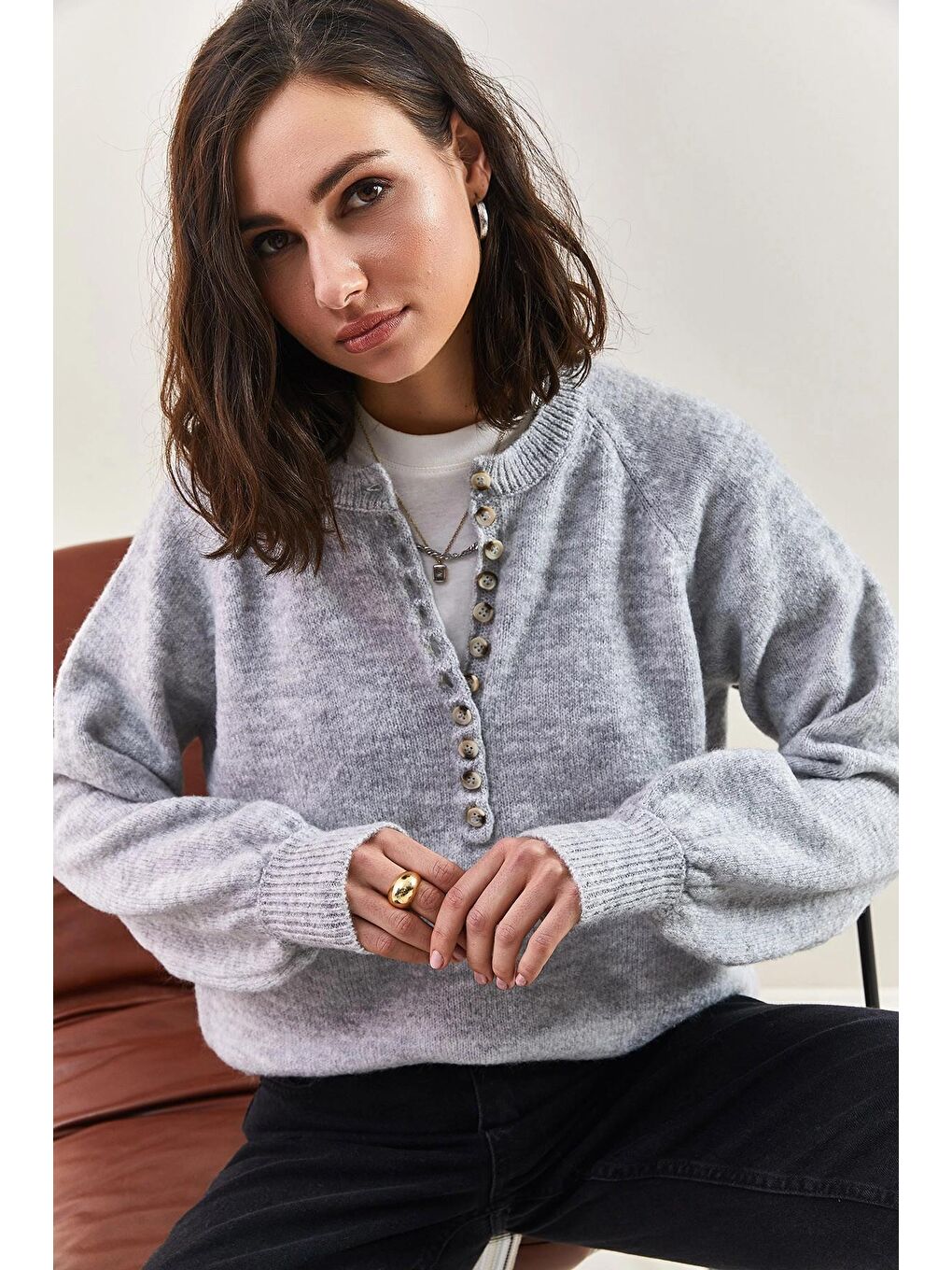 Gri Kadın Yakası İlikli Balıkçı Yaka Çizgili Triko Kazak-4