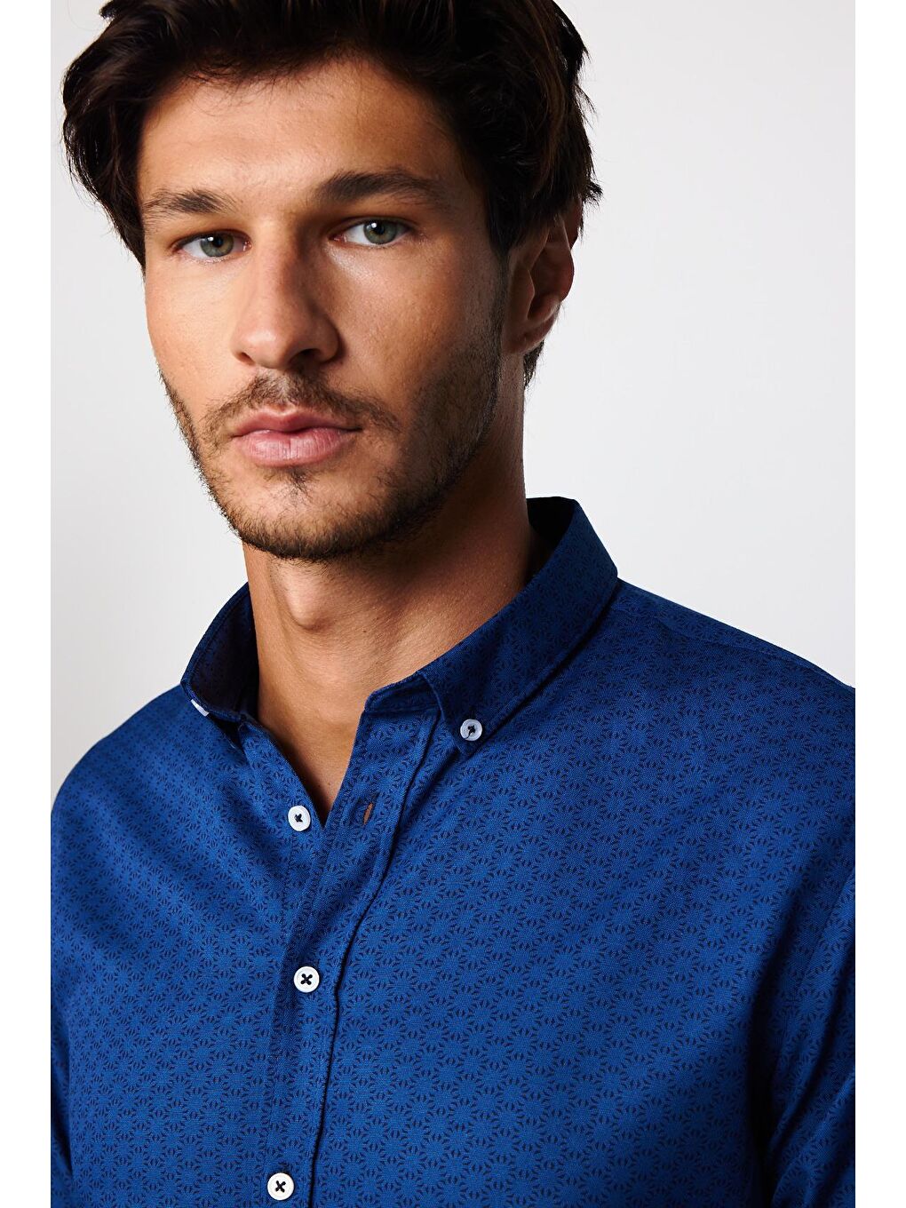 Slim Fit Pamuklu Kolay Ütü Desenli İndigo Erkek Gömlek-1
