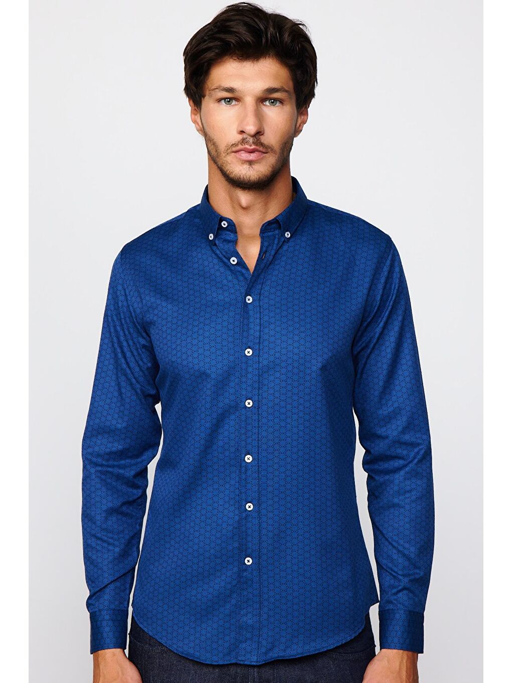Slim Fit Pamuklu Kolay Ütü Desenli İndigo Erkek Gömlek-2