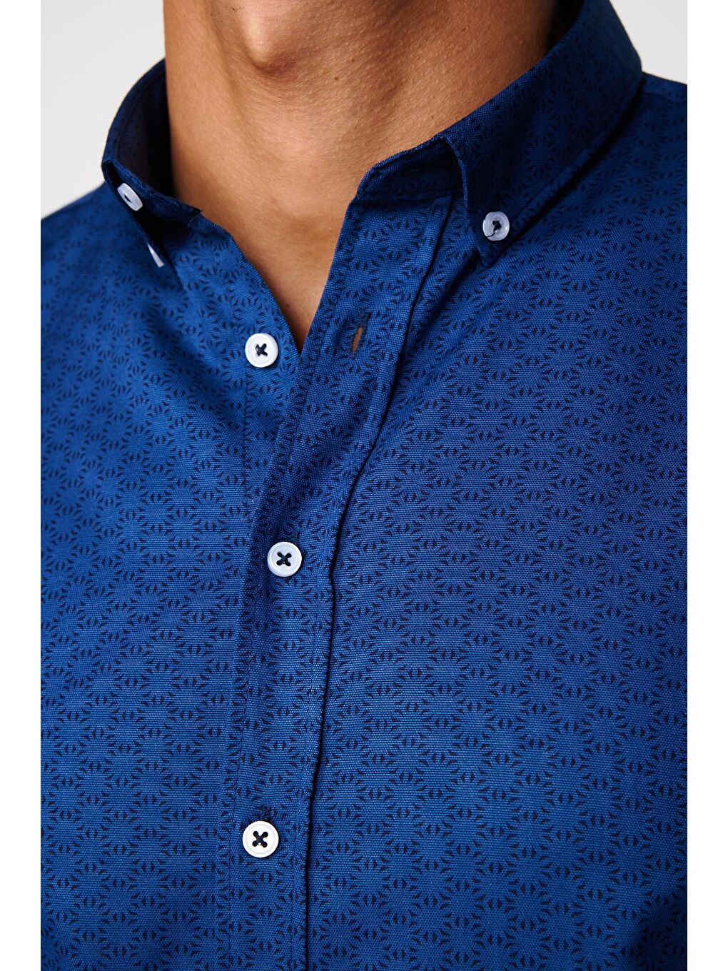 Slim Fit Pamuklu Kolay Ütü Desenli İndigo Erkek Gömlek-3