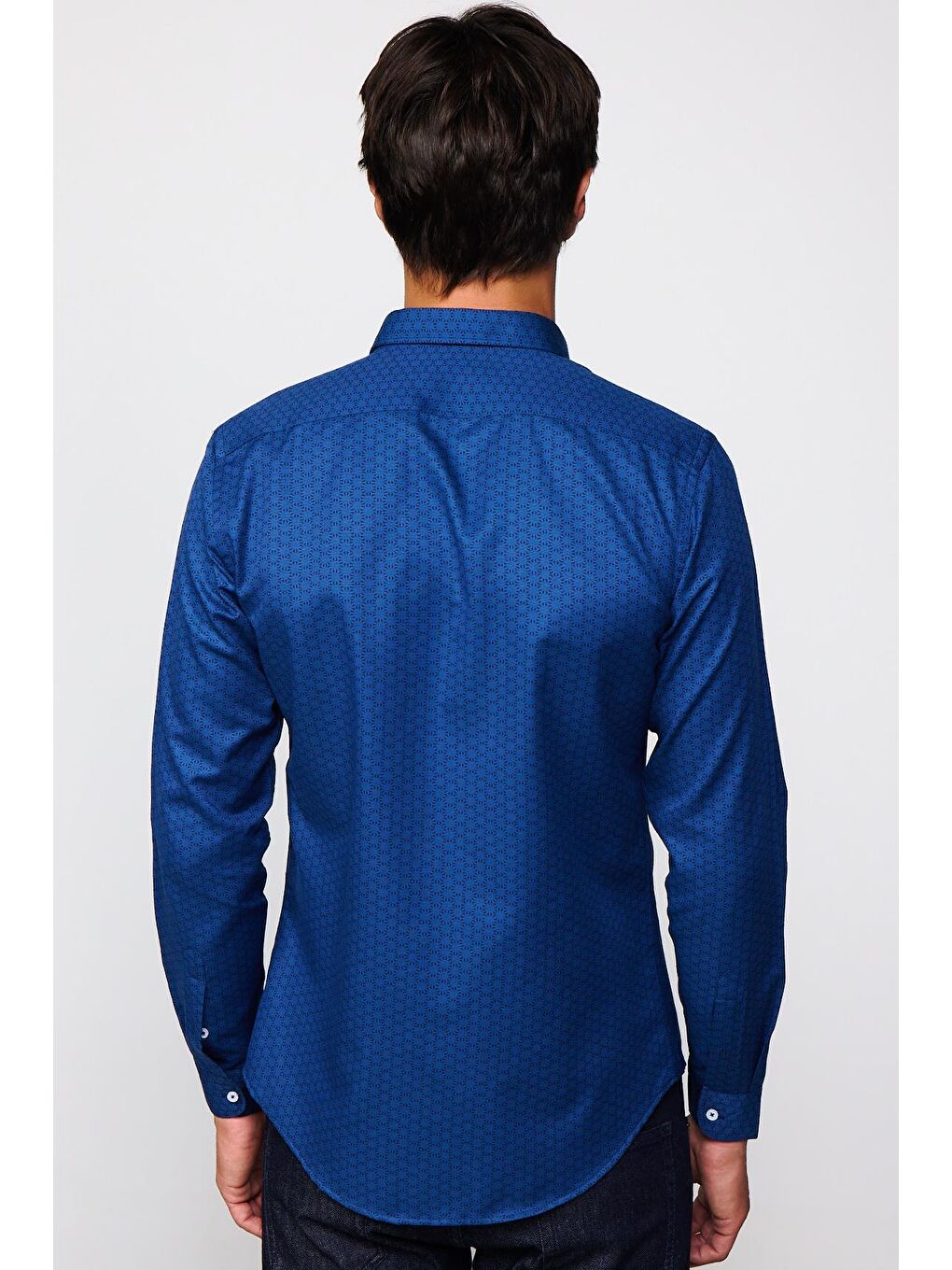Slim Fit Pamuklu Kolay Ütü Desenli İndigo Erkek Gömlek-4