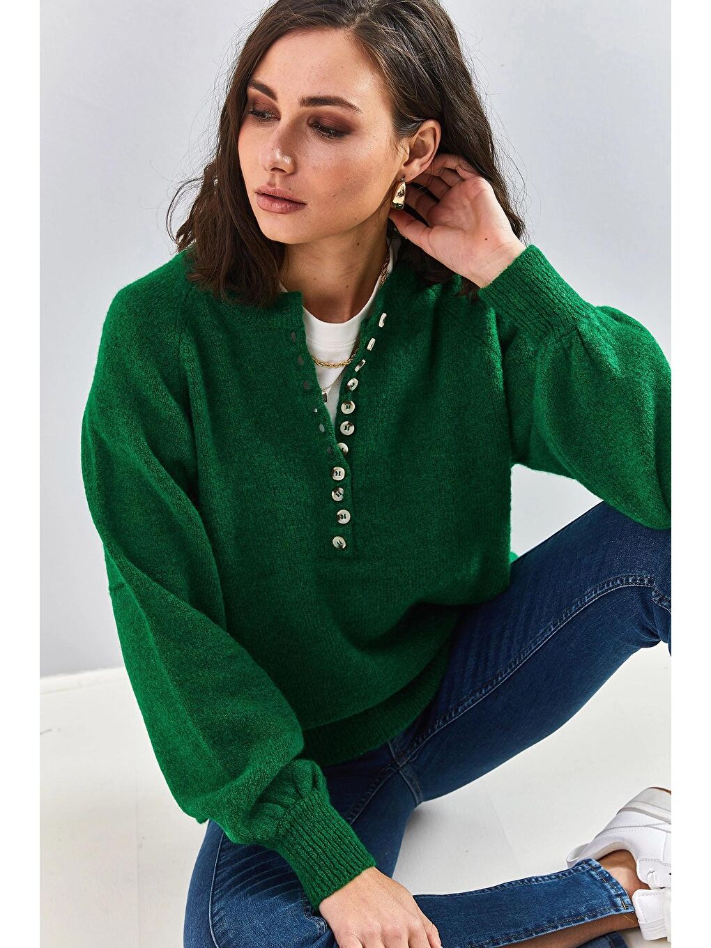 Yeşil Kadın Yakası İlikli Balıkçı Yaka Çizgili Triko Kazak