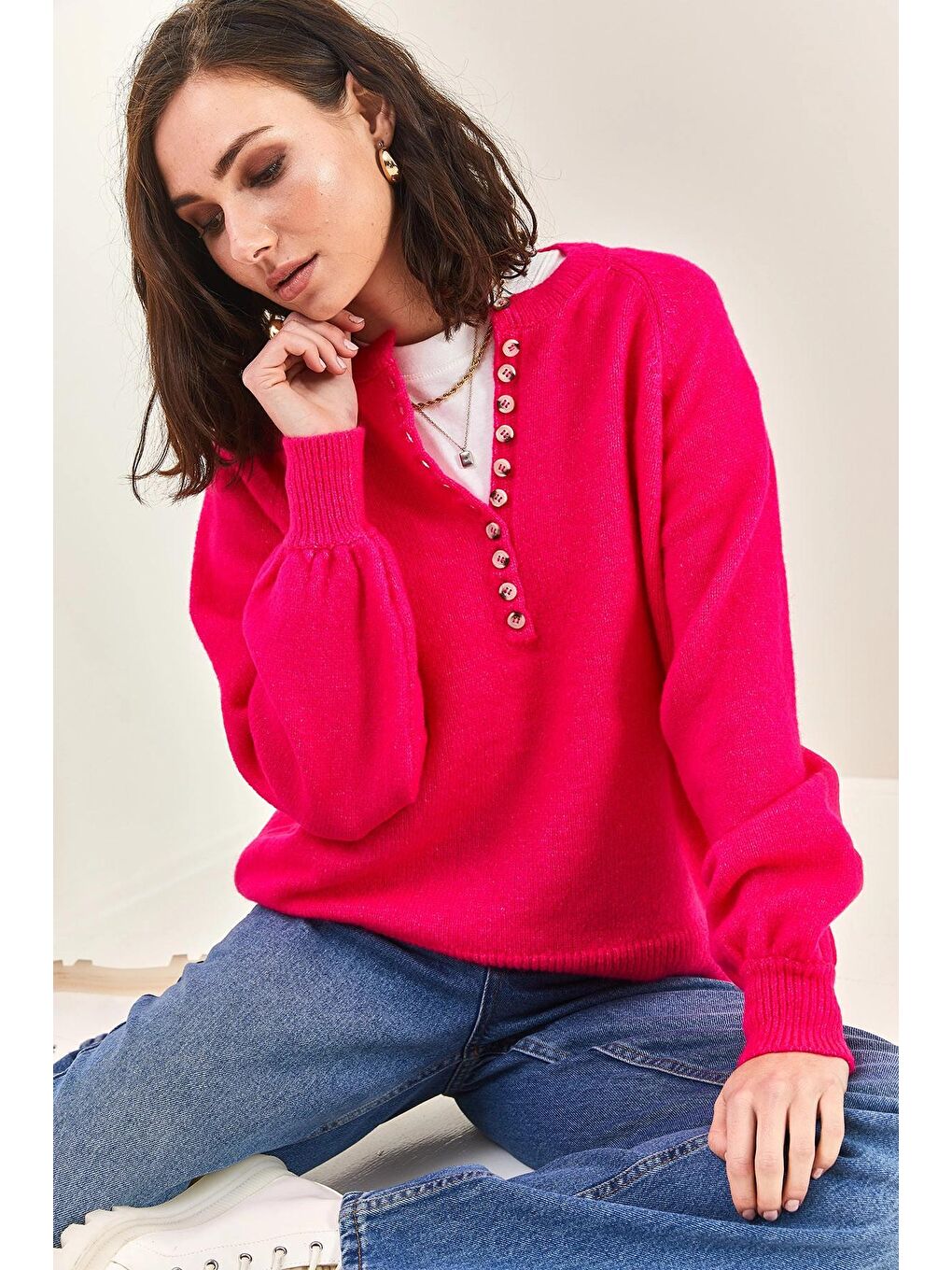 Pembe Kadın Yakası İlikli Balıkçı Yaka Triko Kazak