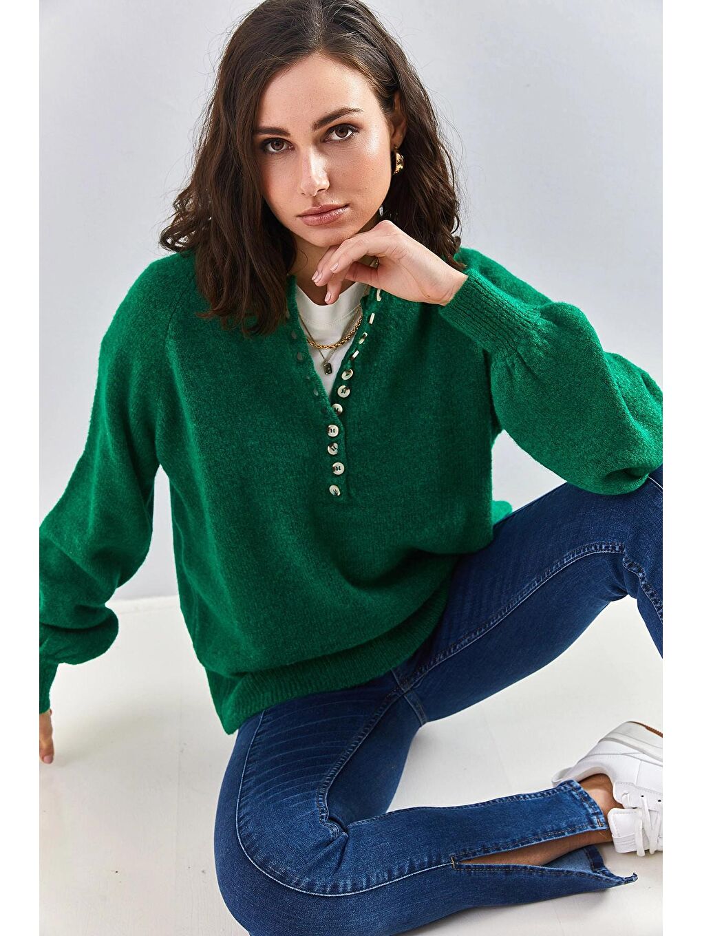 Yeşil Kadın Yakası İlikli Balıkçı Yaka Çizgili Triko Kazak-1