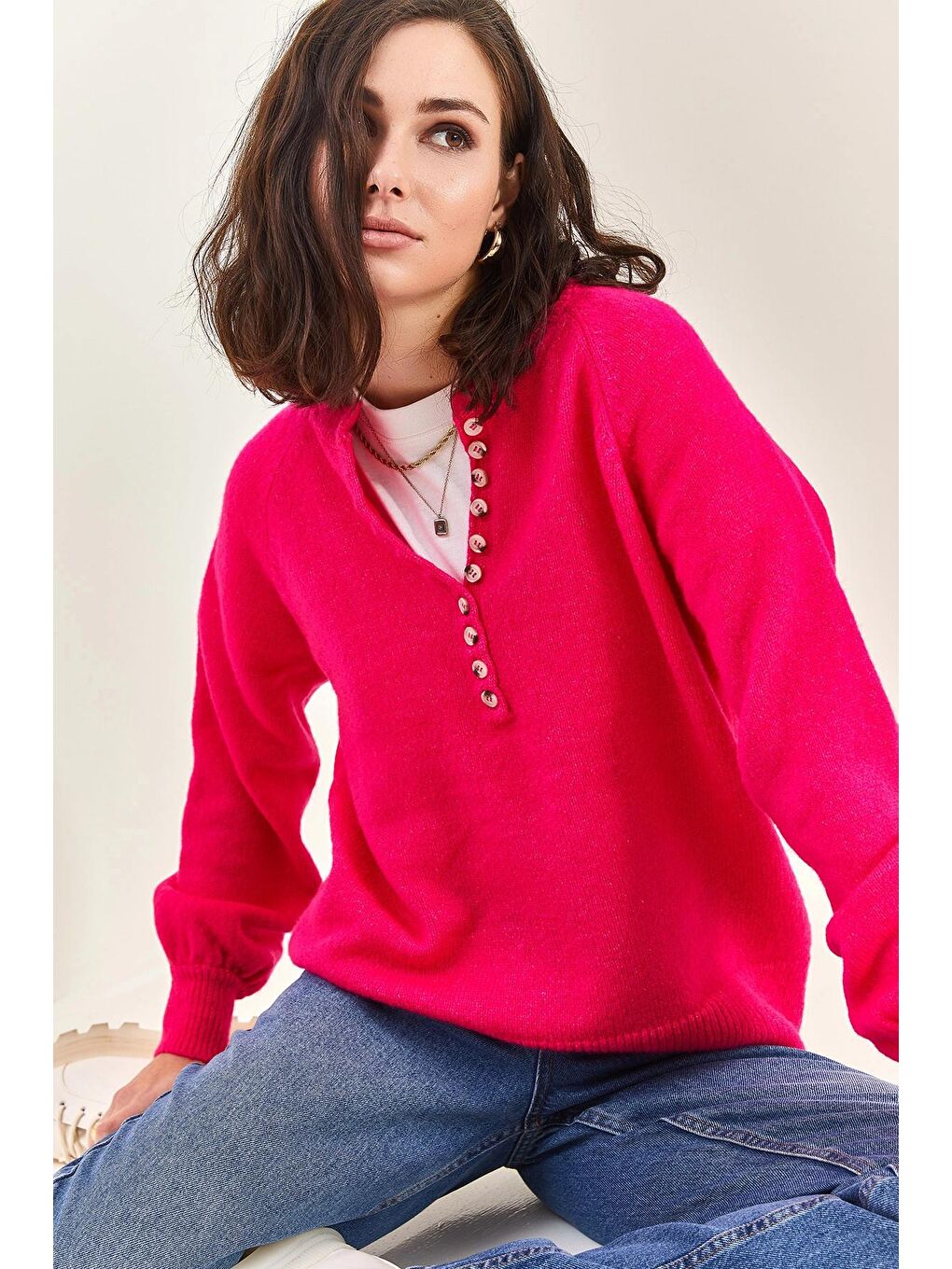 Pembe Kadın Yakası İlikli Balıkçı Yaka Triko Kazak-1