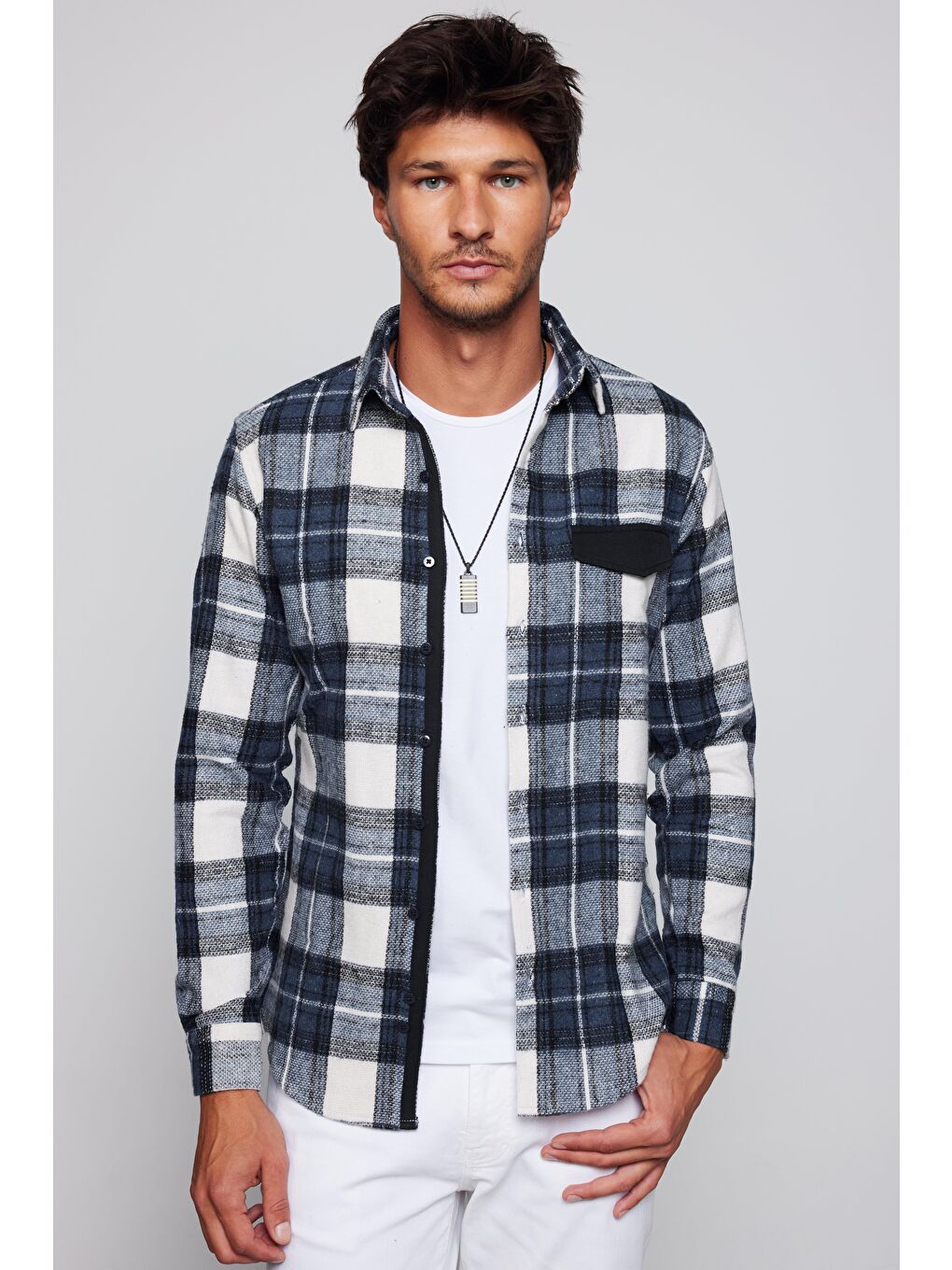 Karışık Slim Fit Dar Kesim Spor Yaka Kareli Oduncu Siyah-Gri Erkek Gömlek