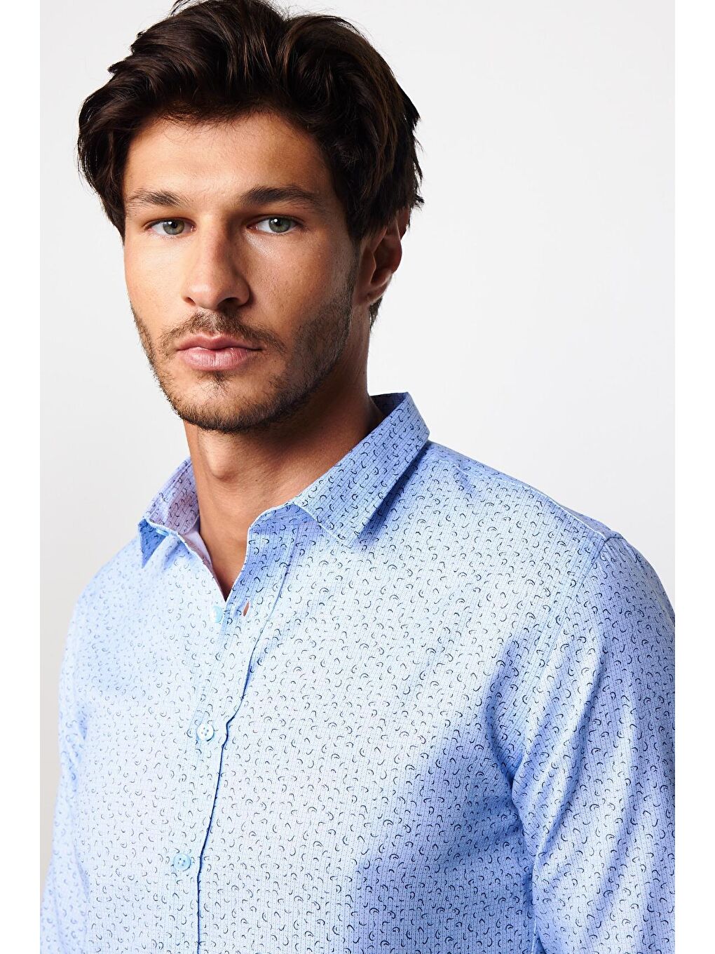 Slim Fit Dar Kesim Desenli Pamuklu Kolay Ütülenebilir Mavi Erkek Gömlek-1