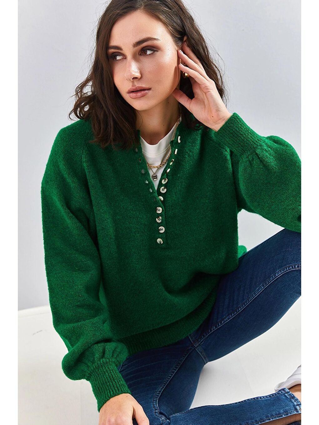 Yeşil Kadın Yakası İlikli Balıkçı Yaka Çizgili Triko Kazak-2