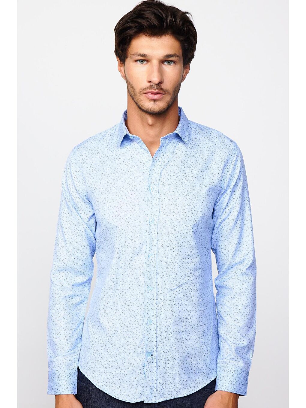 Slim Fit Dar Kesim Desenli Pamuklu Kolay Ütülenebilir Mavi Erkek Gömlek-2