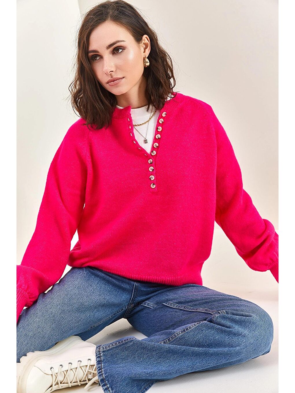 Pembe Kadın Yakası İlikli Balıkçı Yaka Triko Kazak-3