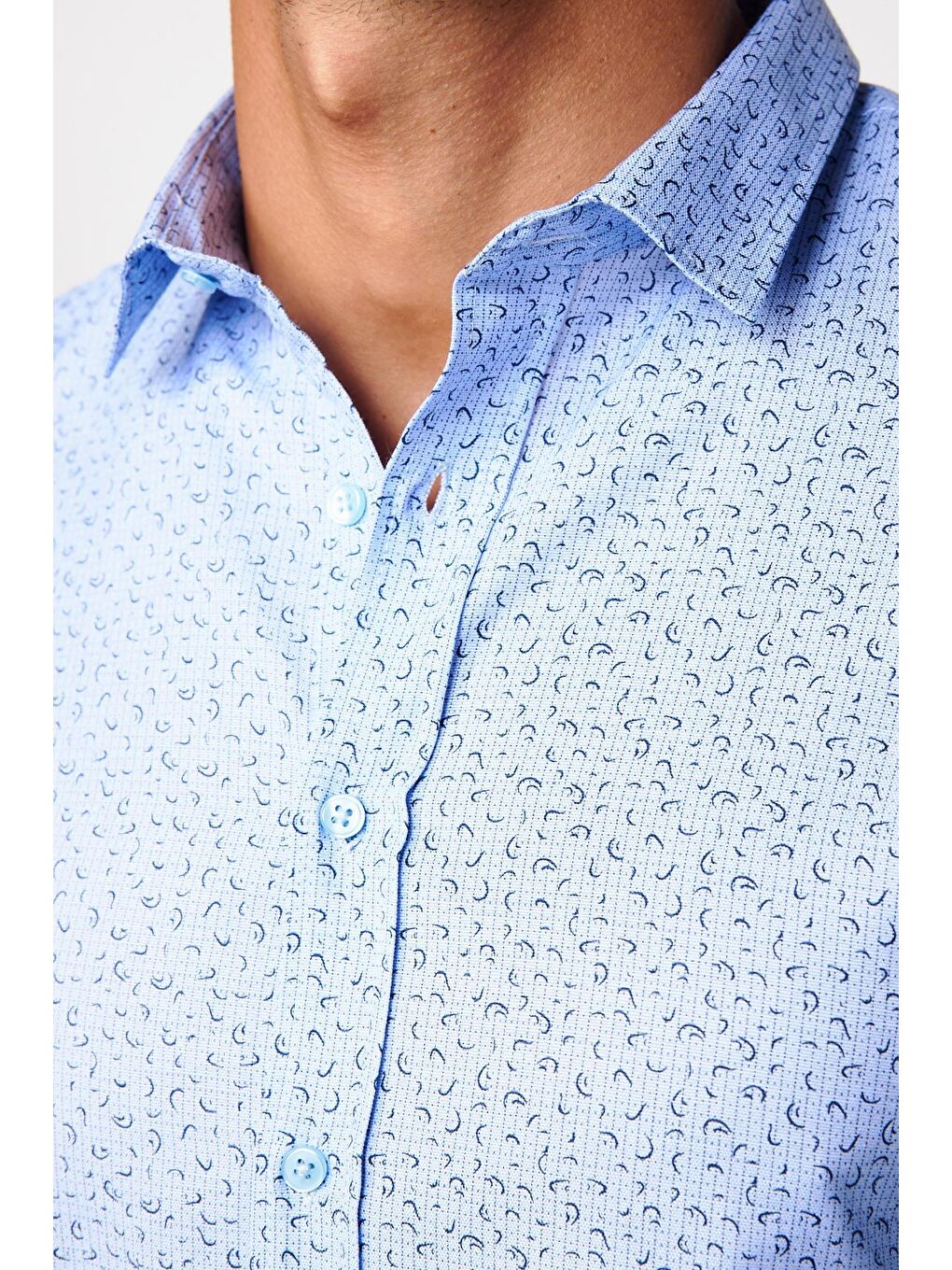 Slim Fit Dar Kesim Desenli Pamuklu Kolay Ütülenebilir Mavi Erkek Gömlek-3