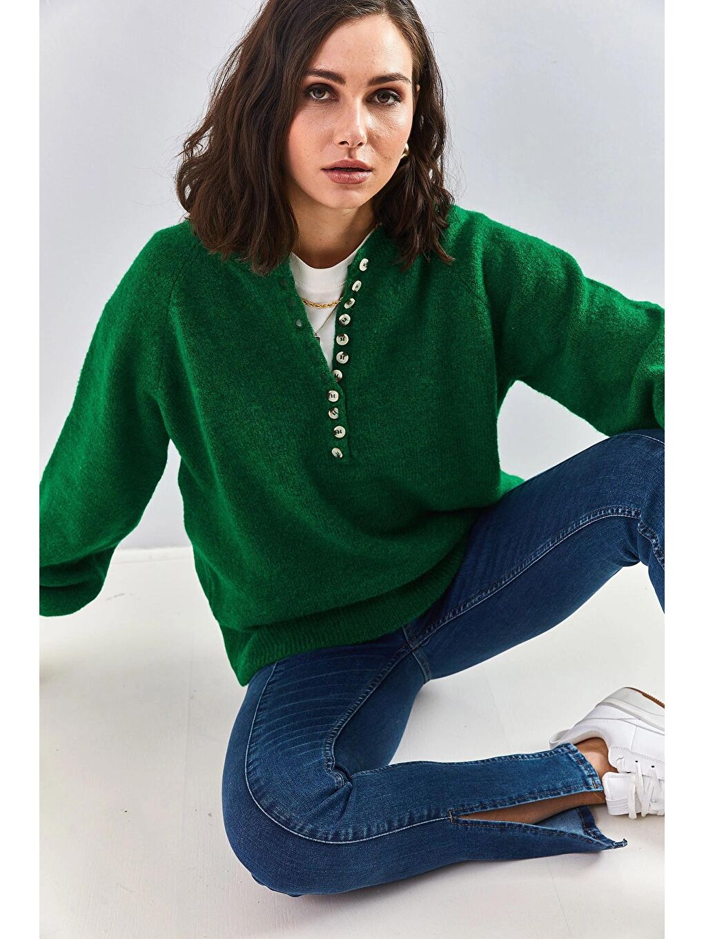 Yeşil Kadın Yakası İlikli Balıkçı Yaka Çizgili Triko Kazak-4