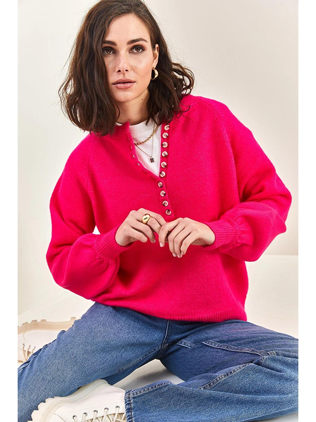 Pembe Kadın Yakası İlikli Balıkçı Yaka Triko Kazak-4