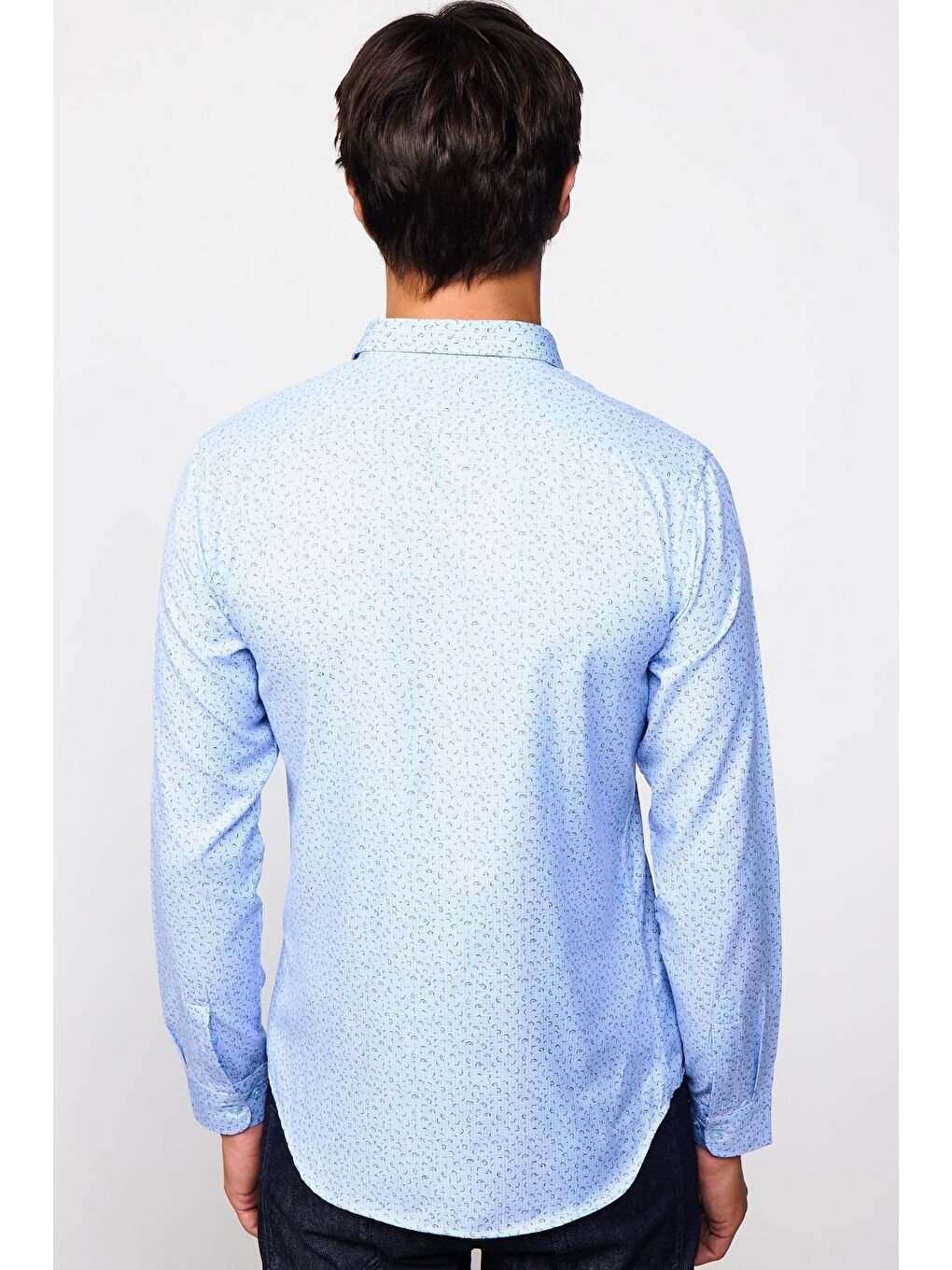 Slim Fit Dar Kesim Desenli Pamuklu Kolay Ütülenebilir Mavi Erkek Gömlek-4