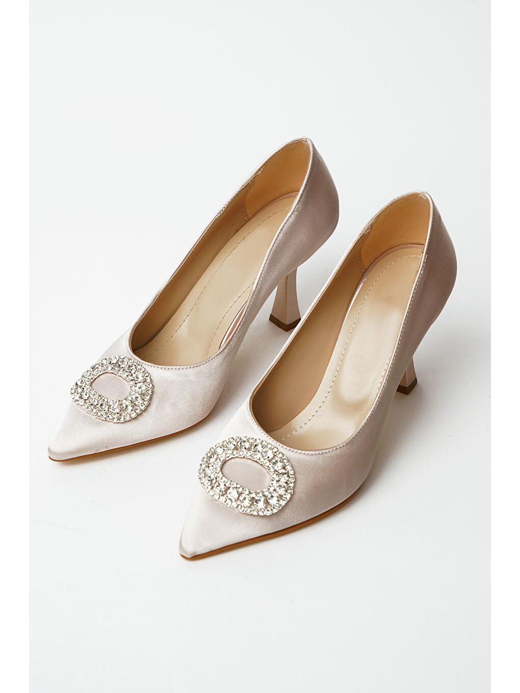 Ekru Taşlı Kadeh Topuk Abiye Kadın Topuklu Ayakkabı 017-3125-22Saten-3