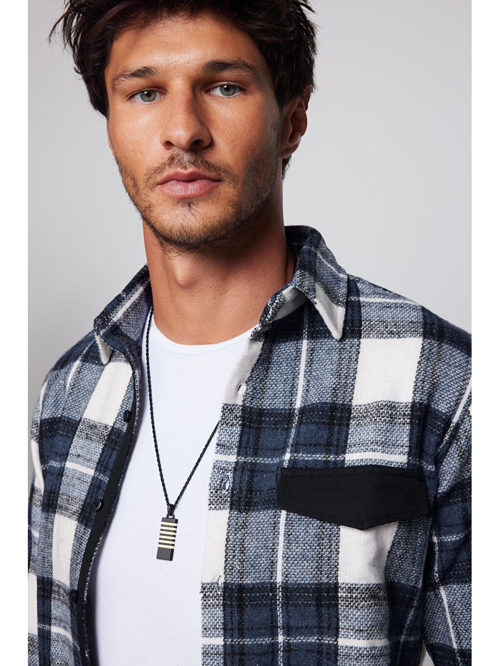 Karışık Slim Fit Dar Kesim Spor Yaka Kareli Oduncu Siyah-Gri Erkek Gömlek-1