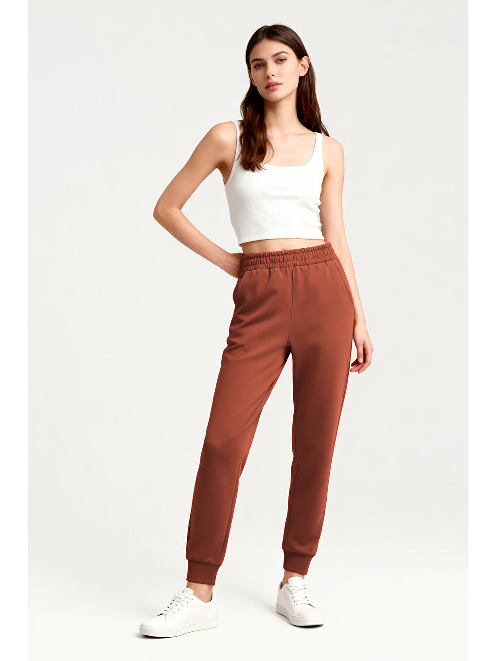 Kahverengi Tarçın Yüksek Bel Jogger Rahat Form Manşetli Kadın Eşofman Alt - 94561-1