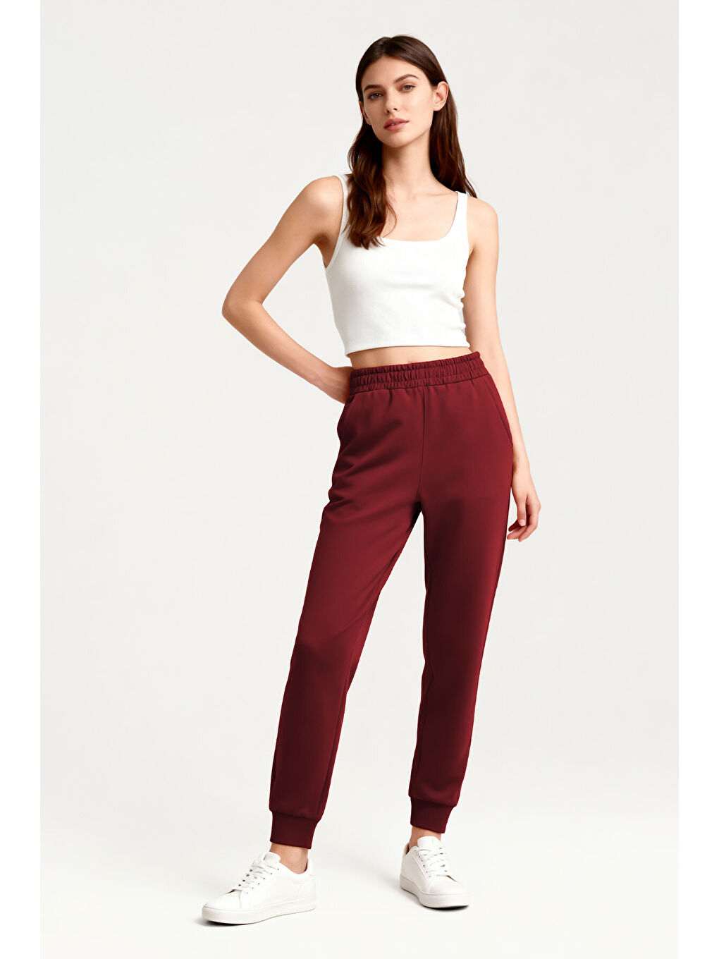 Bordo Yüksek Bel Jogger Rahat Form Manşetli Kadın Eşofman Alt - 94561-1