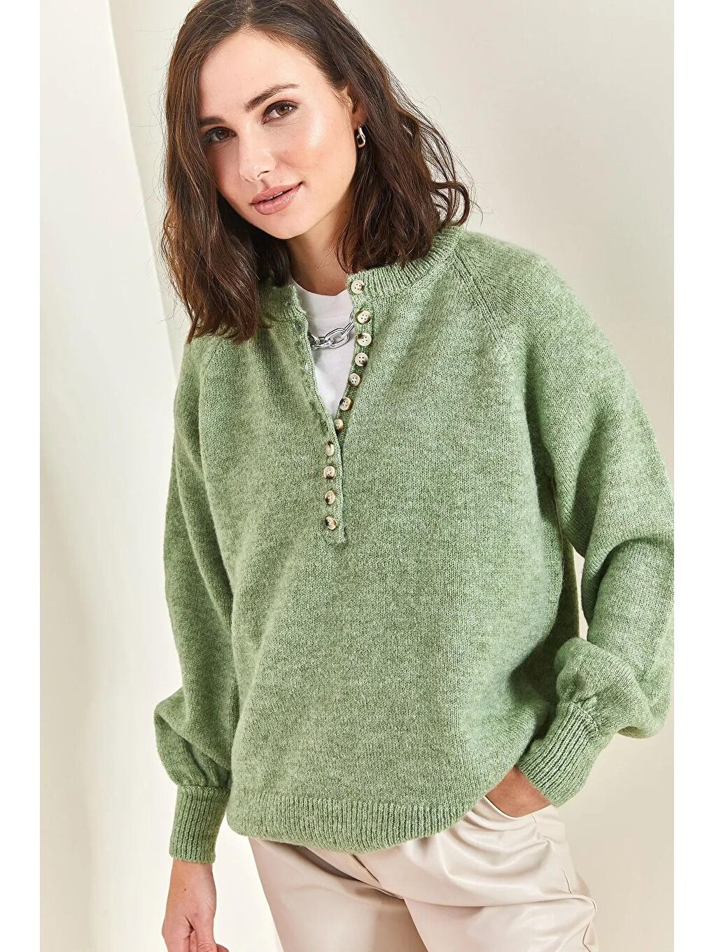 Turkuaz Kadın Yakası İlikli Balıkçı Yaka Çizgili Triko Kazak-3