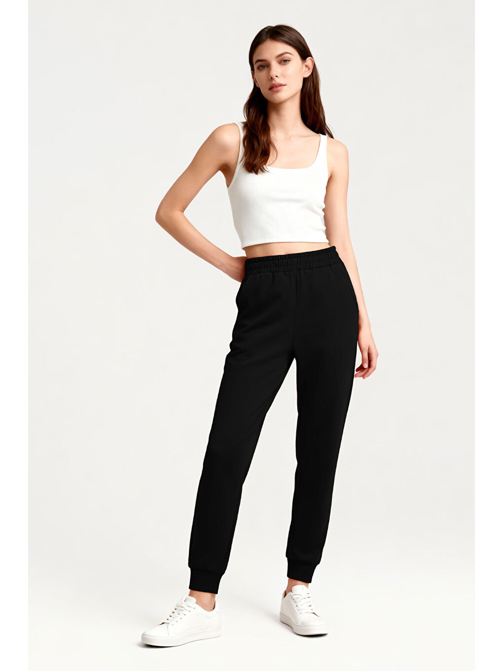 Siyah Yüksek Bel Jogger Rahat Form Manşetli Kadın Eşofman Alt - 94561-1