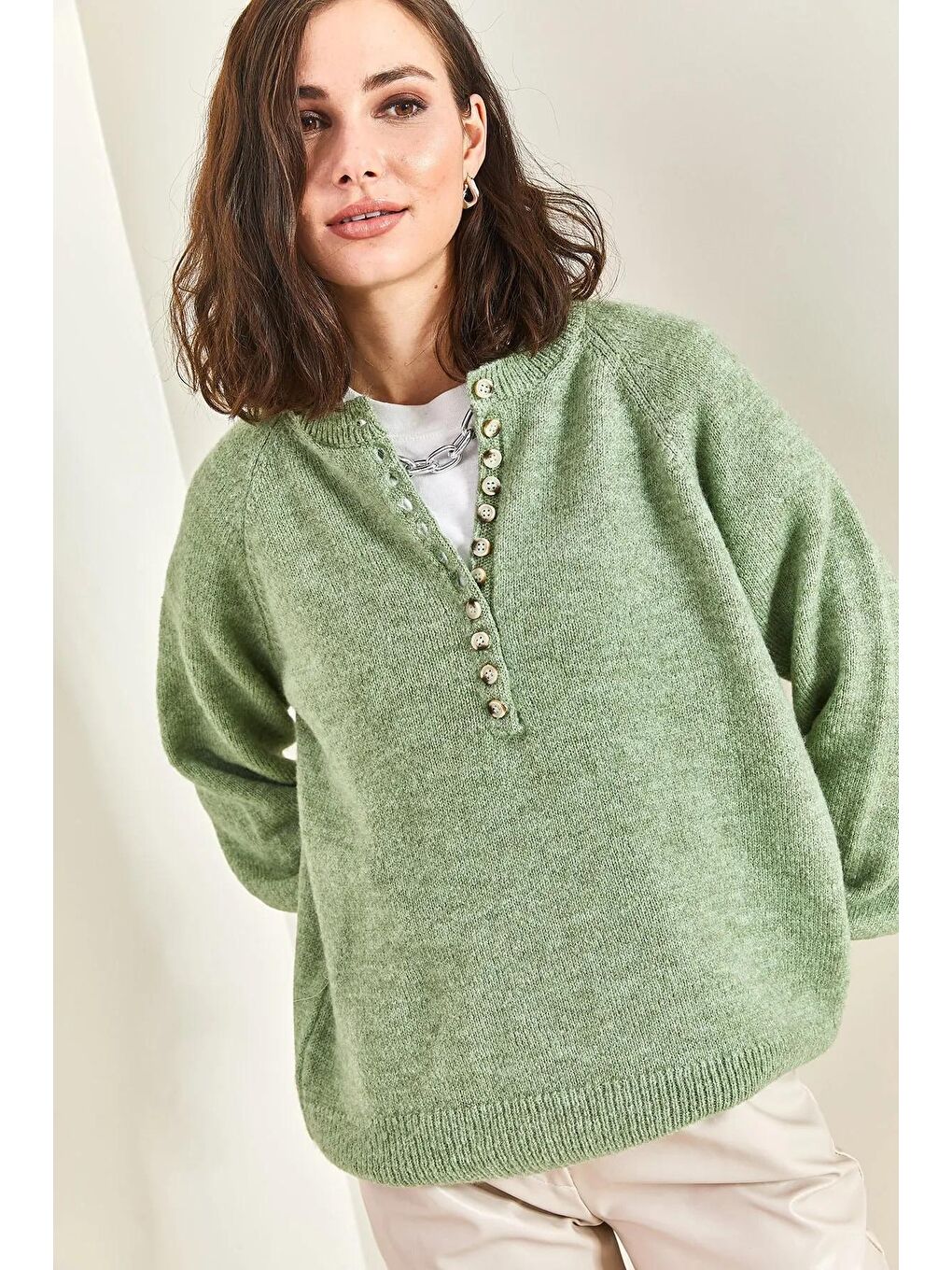 Turkuaz Kadın Yakası İlikli Balıkçı Yaka Çizgili Triko Kazak-4