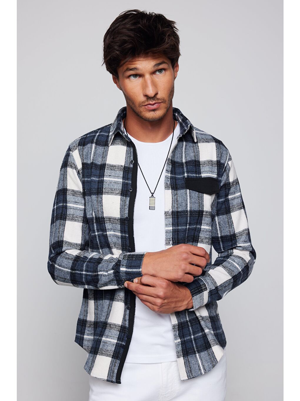 Karışık Slim Fit Dar Kesim Spor Yaka Kareli Oduncu Siyah-Gri Erkek Gömlek-2