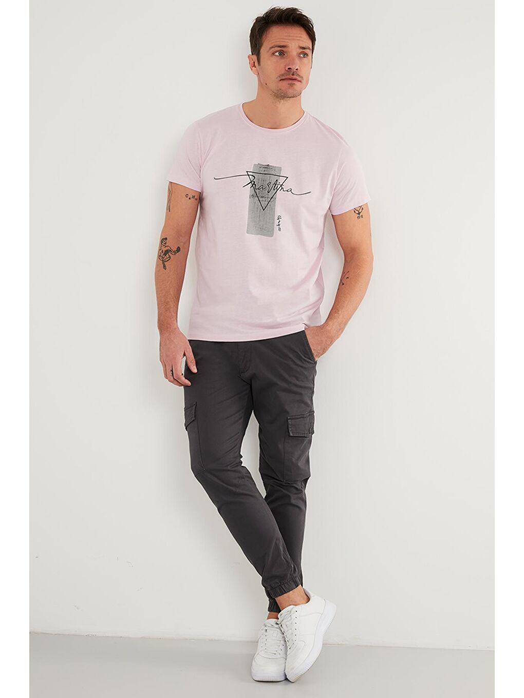 Pembe Baskılı %100 Pamuk Bisiklet Yaka Slim Fit Tişört 541MARTİNA-3
