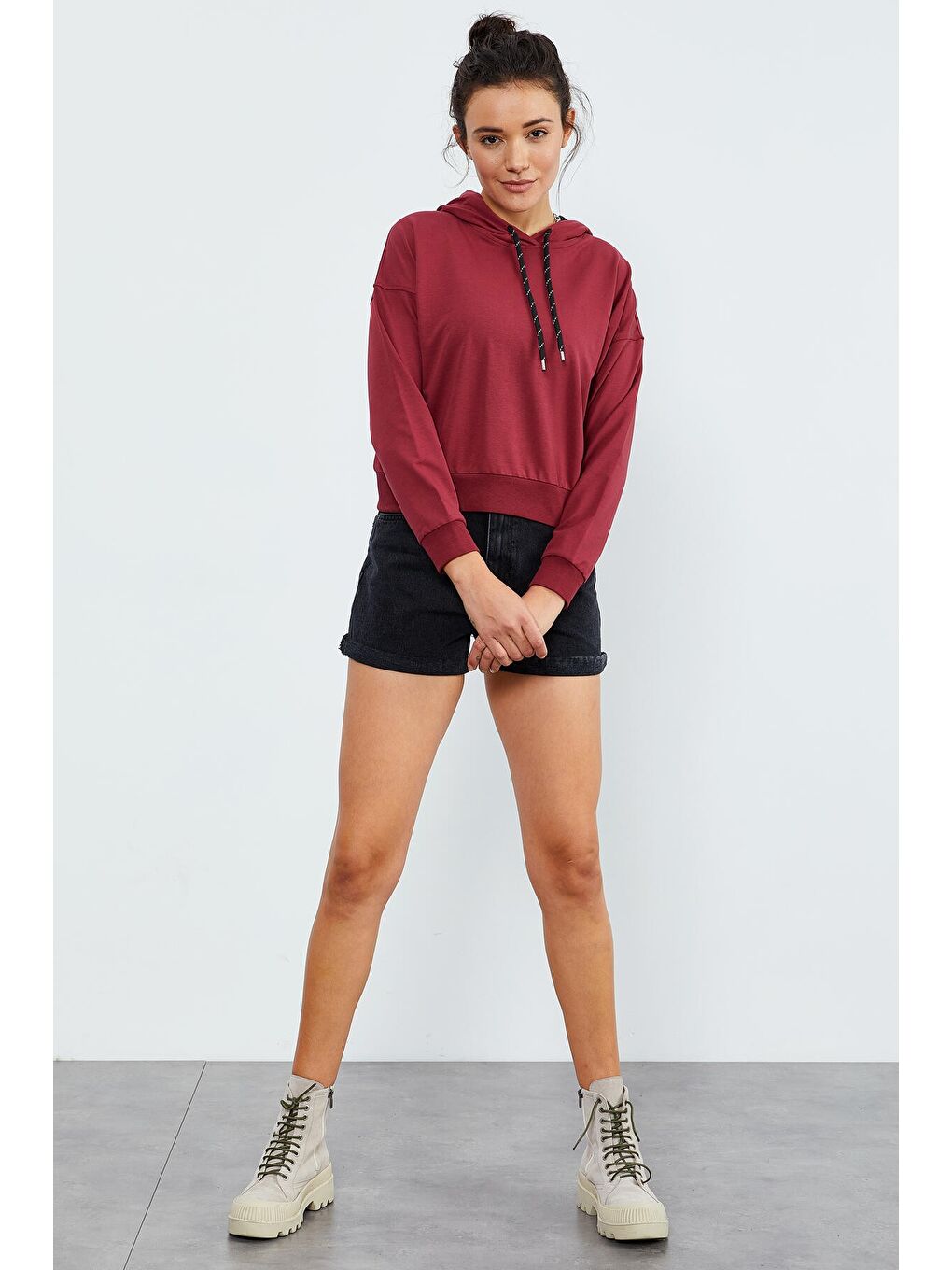 Bordo Uzun Kol Rahat Form Kapüşonlu Kadın Sweatshirt - 97115-3