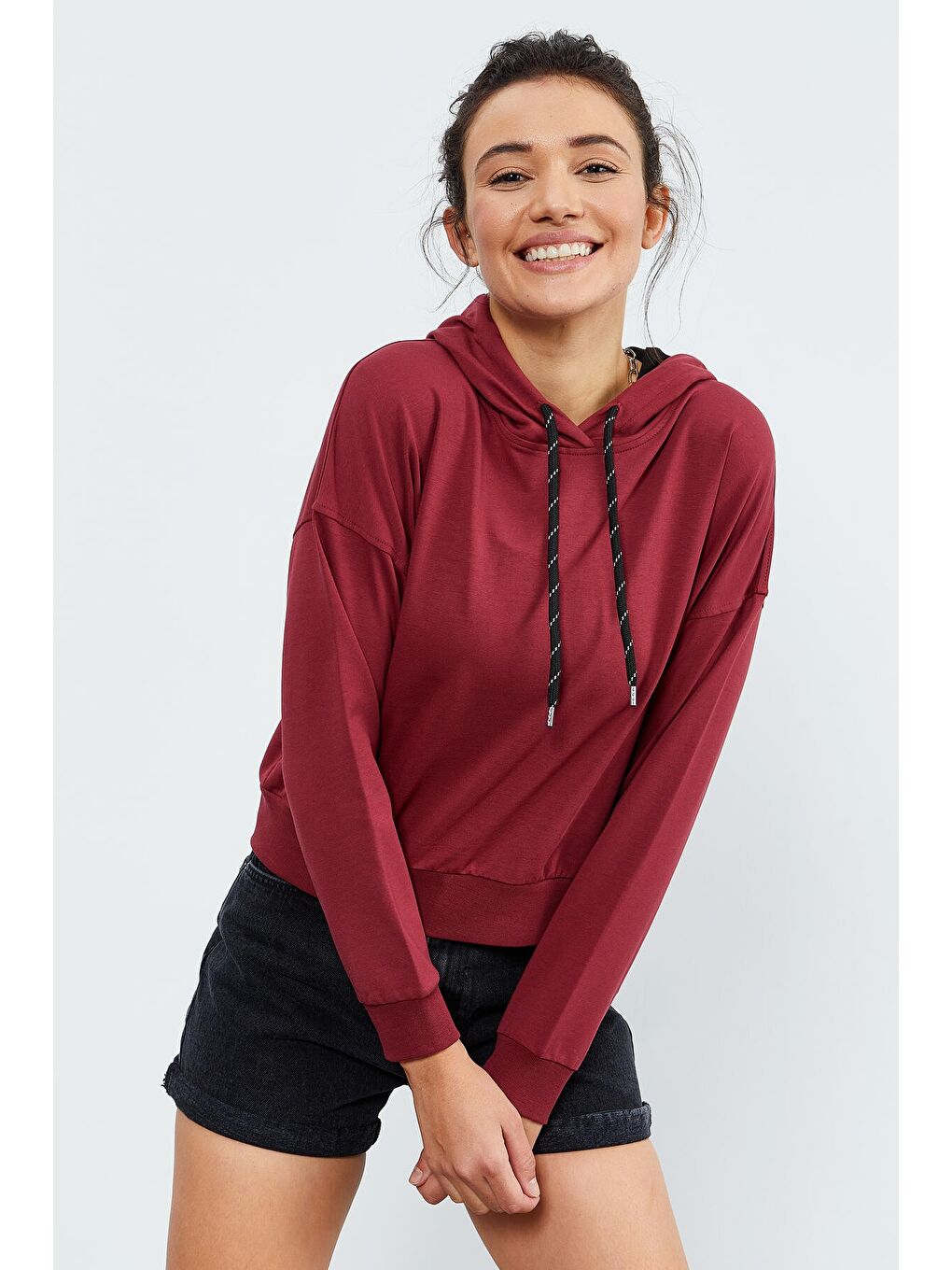 Bordo Uzun Kol Rahat Form Kapüşonlu Kadın Sweatshirt - 97115-4
