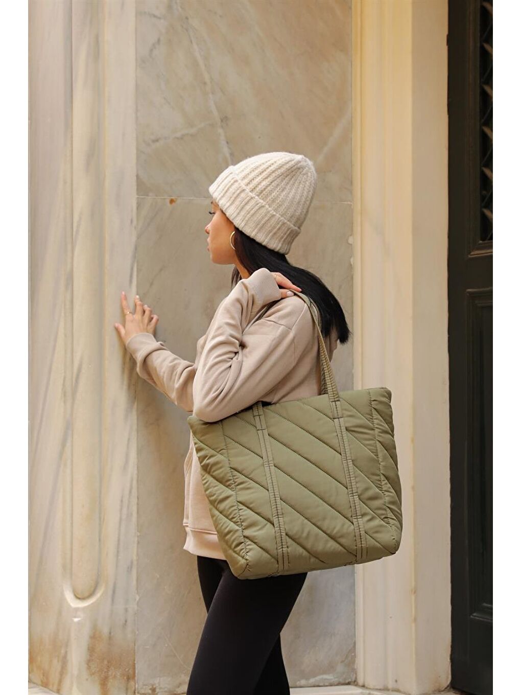 Çapraz Şeritli Puf Çanta Haki-1